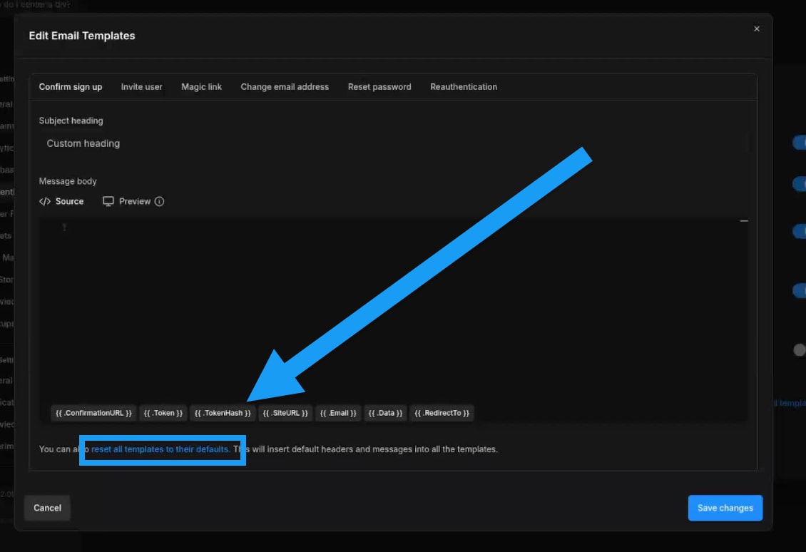 Screenshot of Edit Email Templates window in Database settings.