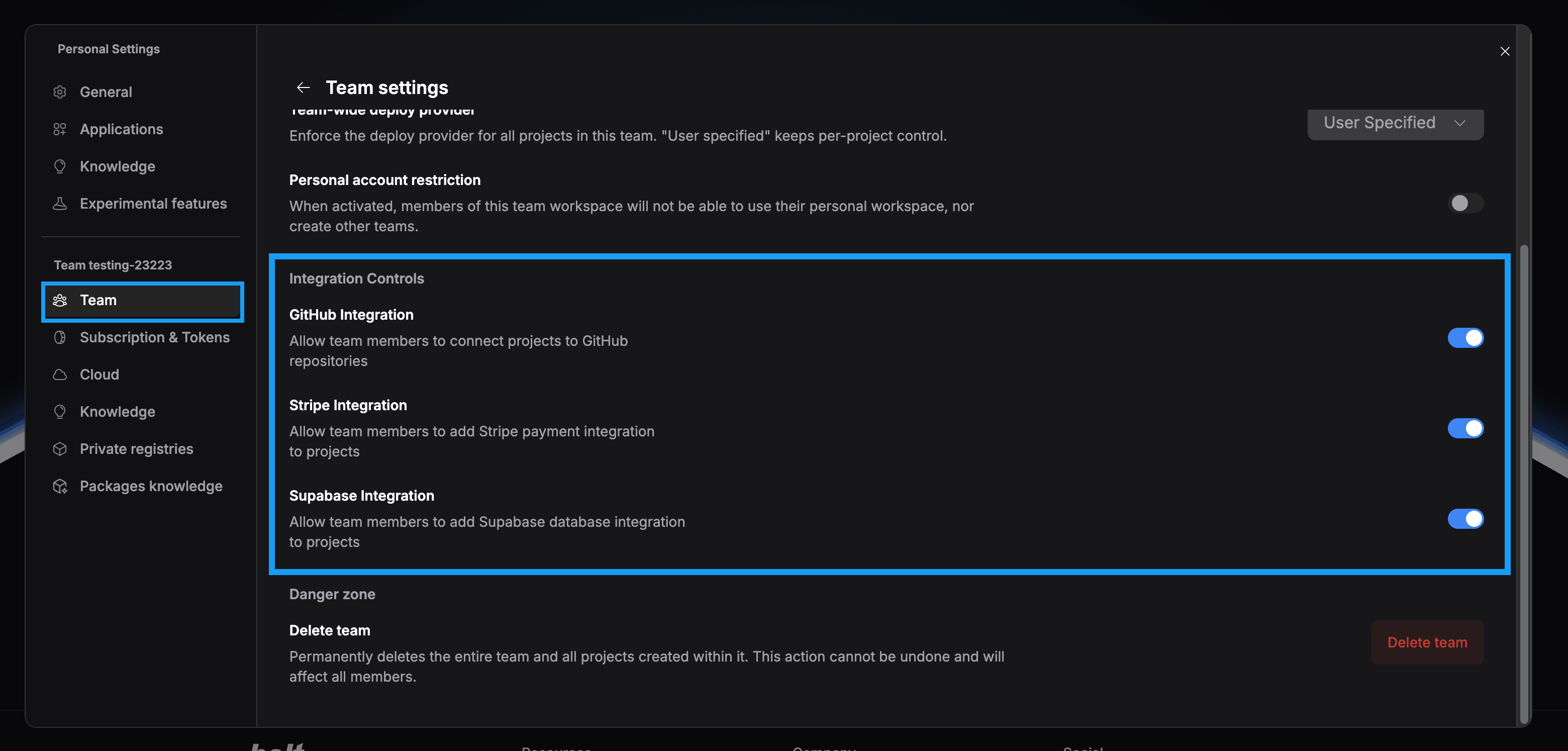 Screenshot of managing Team integrations in Team settings in Bolt.