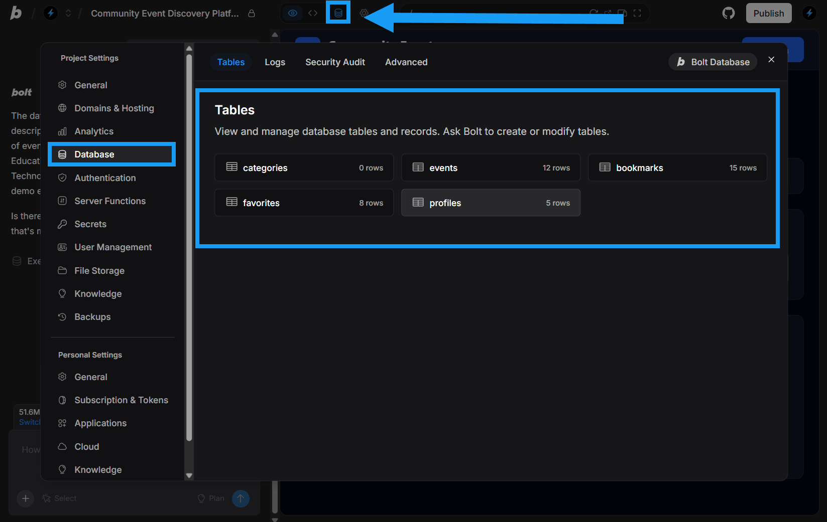 Screenshot of individual table view in Bolt Database settings.