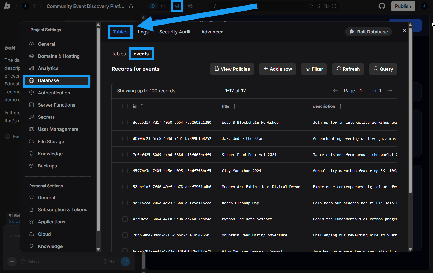 Screenshot of Database Tables settings view in Bolt.