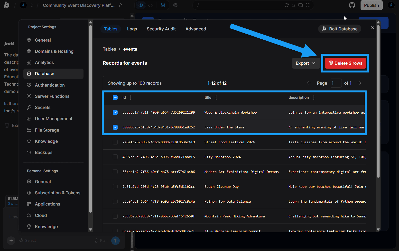 Screenshot of how to delete table data in Database settings in Bolt.