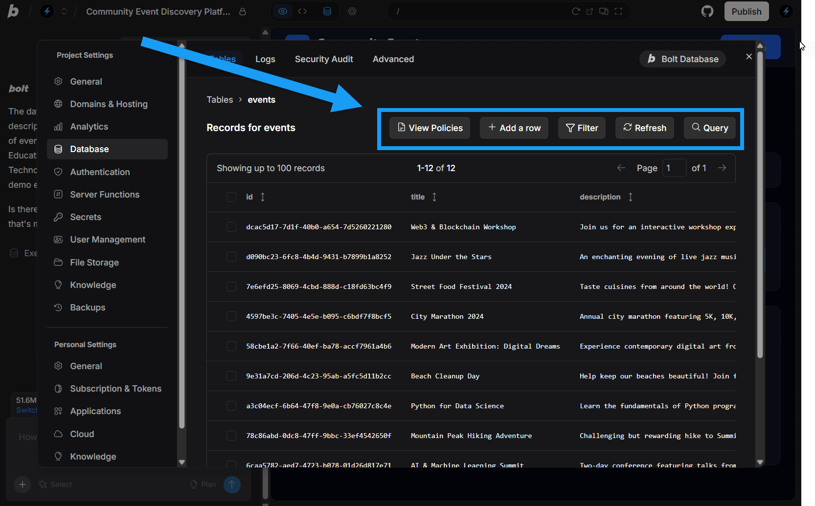 Screenshot of table actions in Database settings in Bolt.