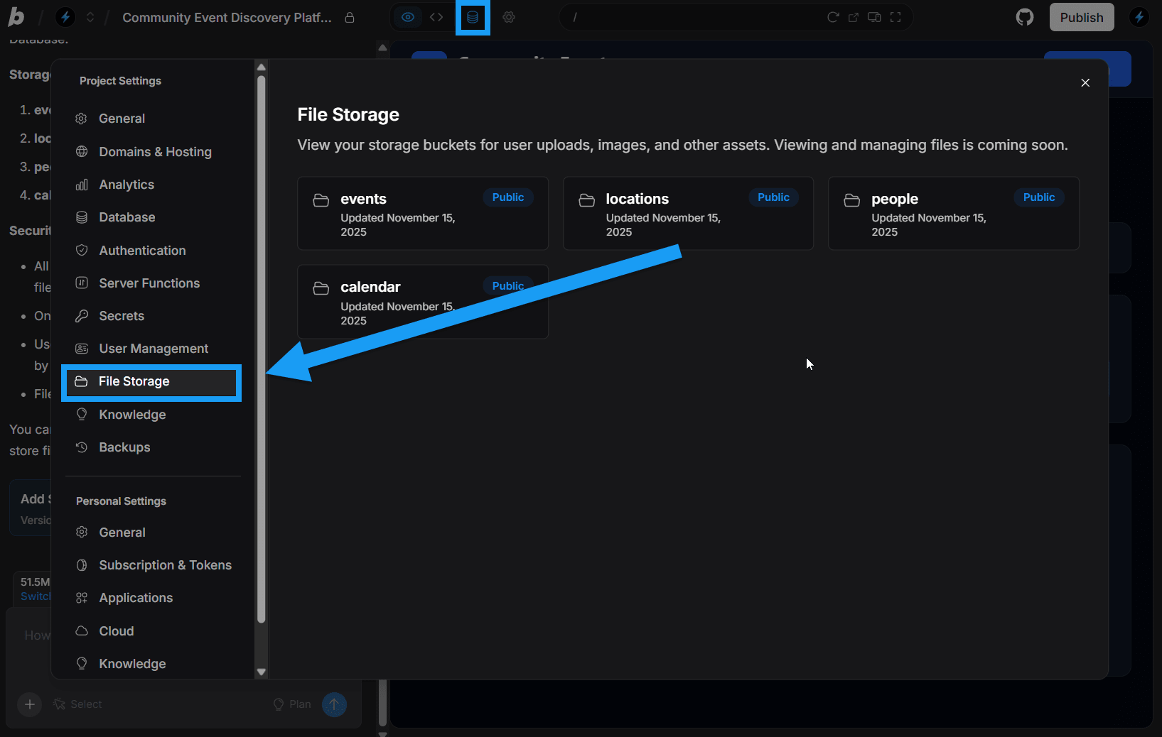 Screenshot of File Storage settings in Bolt database settings.