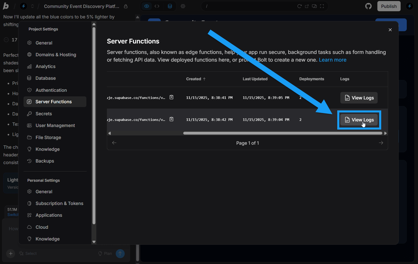 Screenshot of logs screen in Server Functions screen in Bolt.