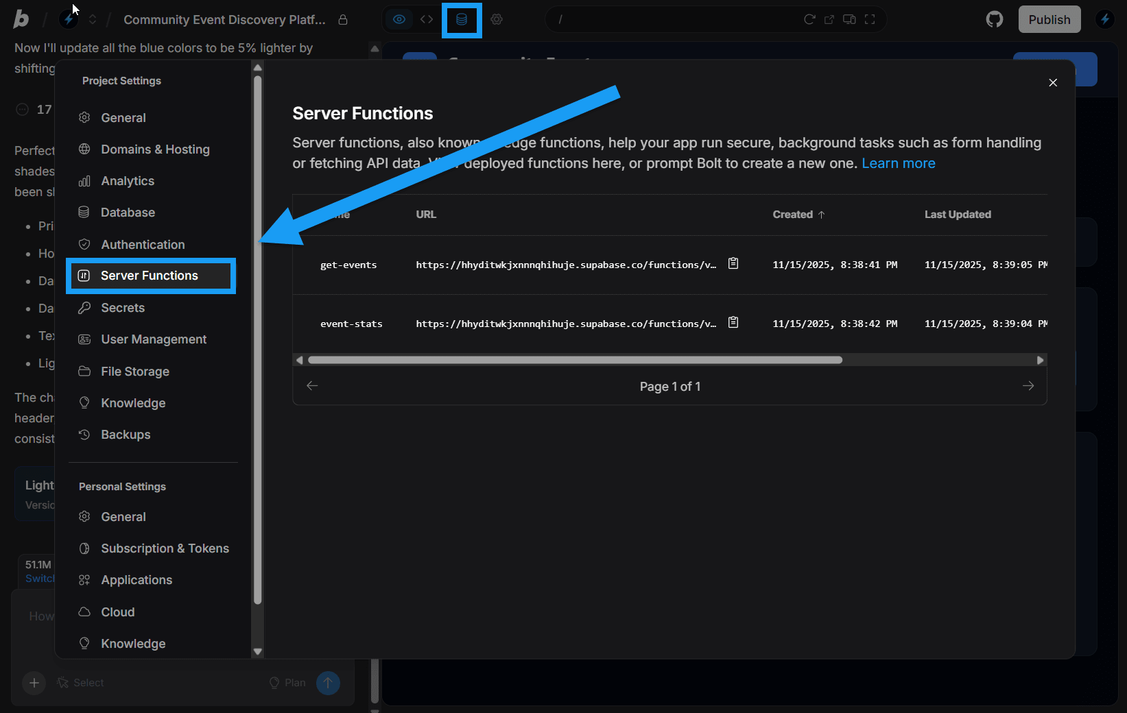 Screenshot of Server Functions screen in Bolt.