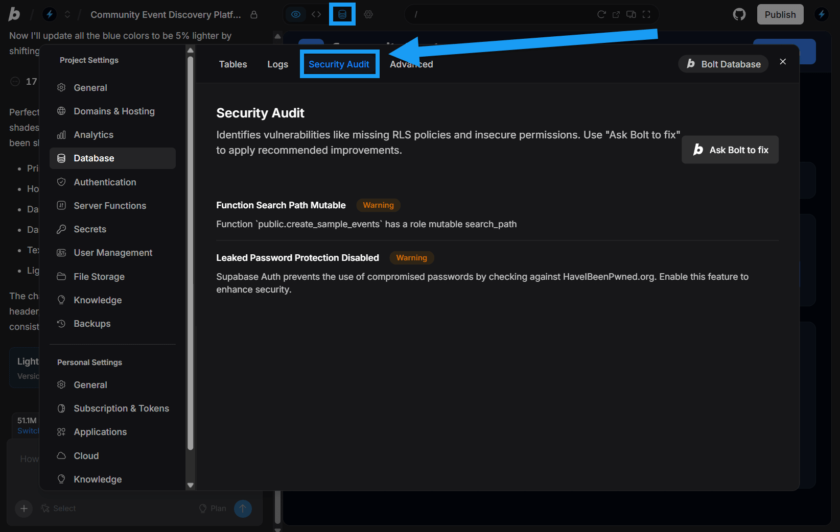 Screenshot of Security section in database settings in Bolt.