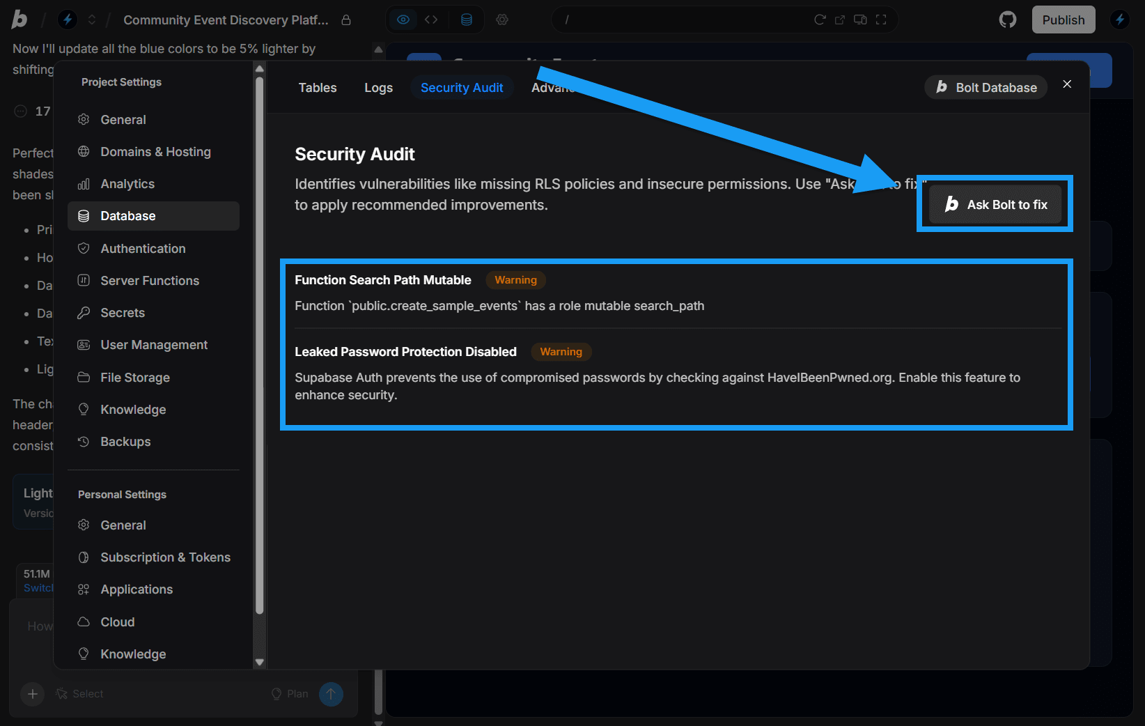 Screenshot of Ask Bolt to fix button in the Security screen of database settings in Bolt.