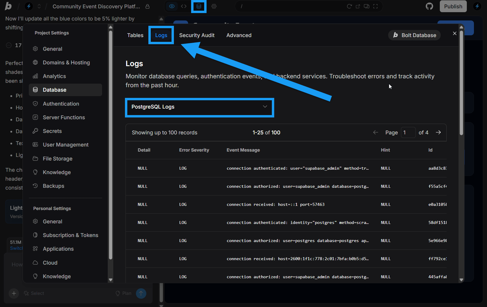Screenshot of database logs screen in Bolt.