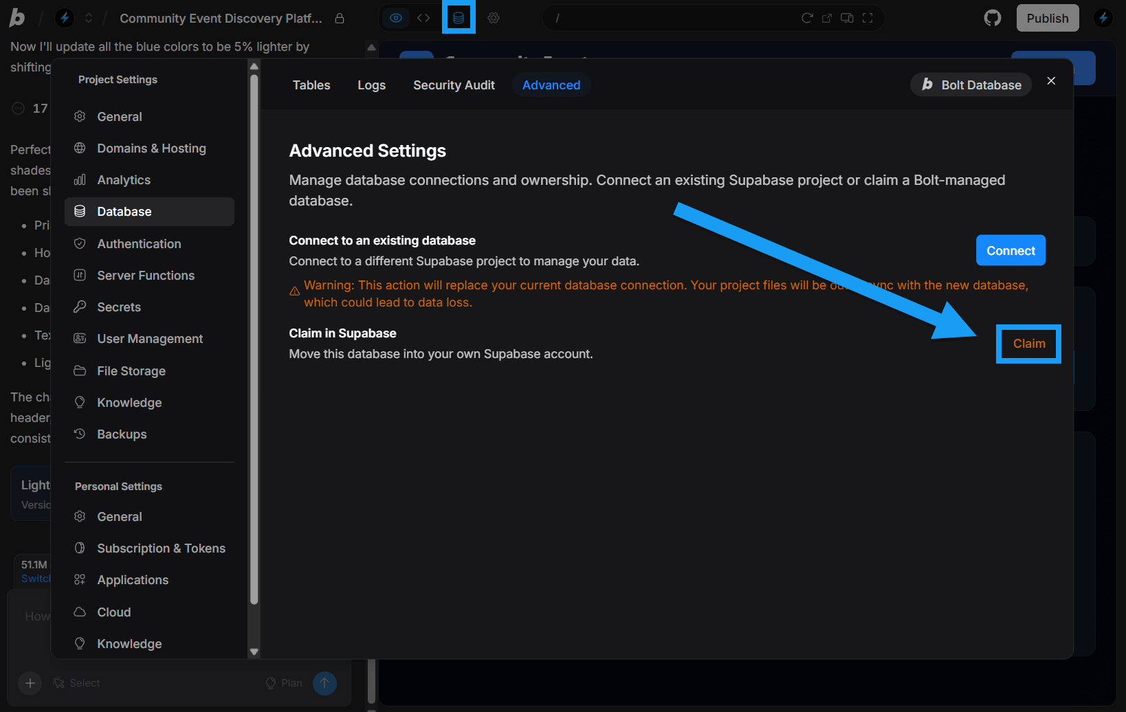 Screenshot of Claim Supabase feature in Bolt Advanced database settings.