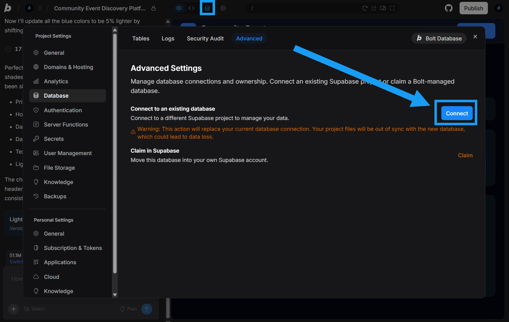 Screenshot of Connect Supabase feature in Bolt Advanced database settings.