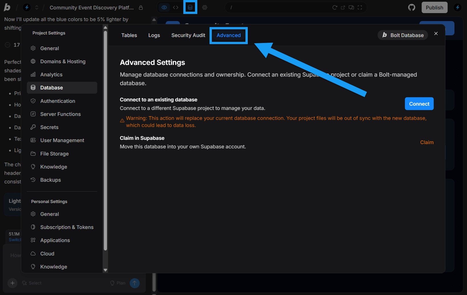 Screenshot of Advanced database settings in Bolt.