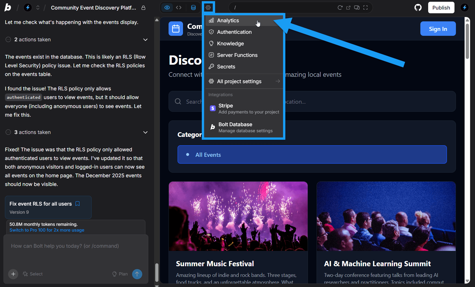 Screenshot of Analytics menu option in Project Settings in Bolt.
