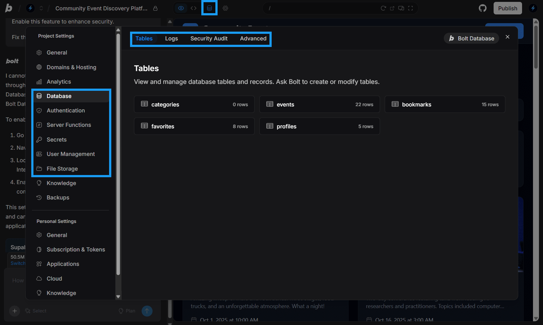 Screenshot of Database settings menu options in Bolt.