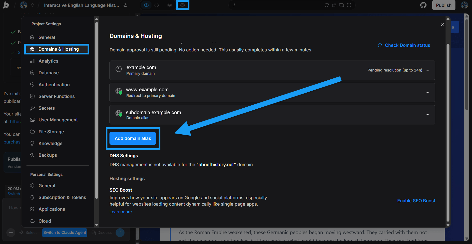 Screenshot of adding a domain alias in the Domains & Hostings settings in Bolt.