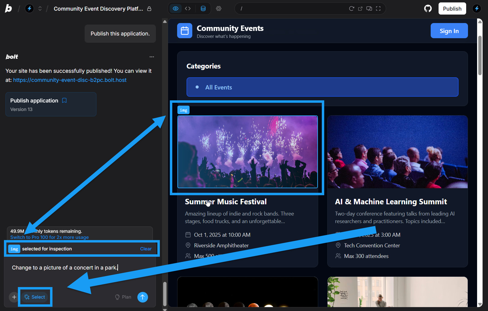 Screenshot of using the Select feature to select a specific UI element to work on in Bolt.