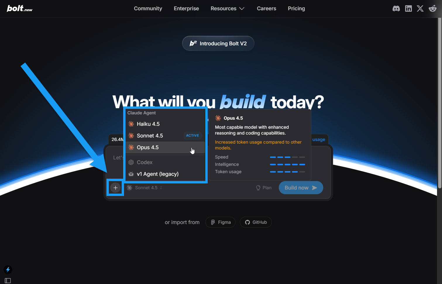 Screenshot of switching agents on homepage in Bolt.