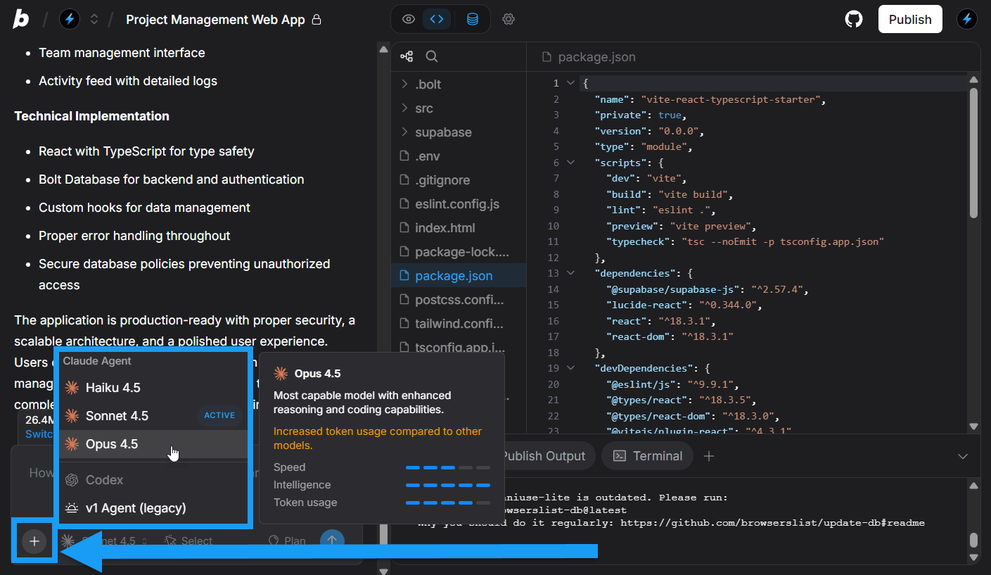 Screenshot of switching agents on homepage in Bolt.