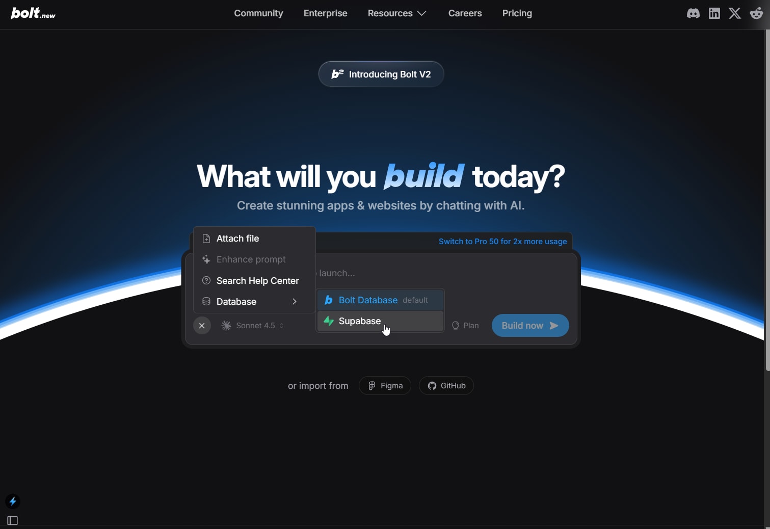 Screenshot of selecting Supabase as the default database on the Bolt homepage.