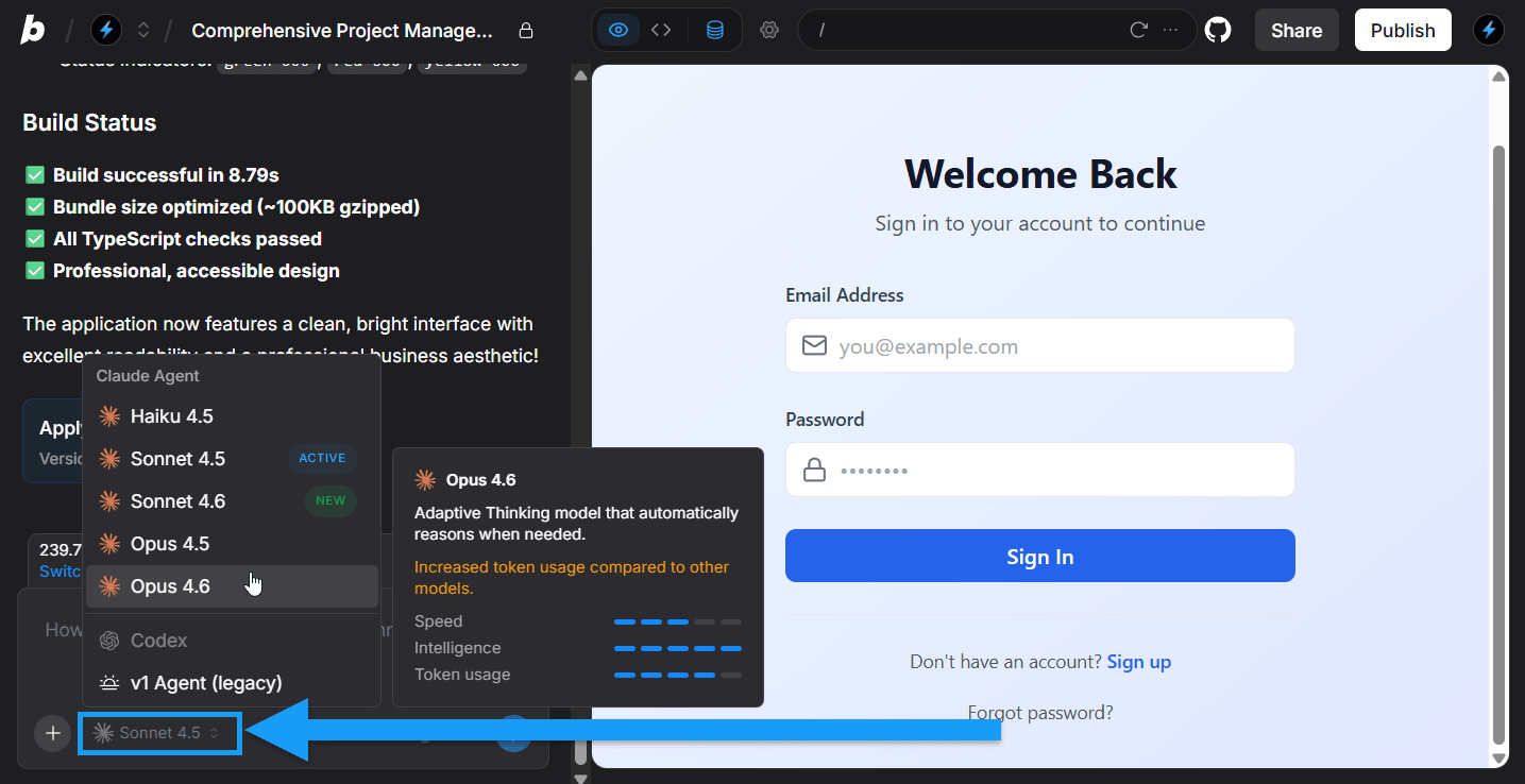 Screenshot of switching agents in a Bolt project.