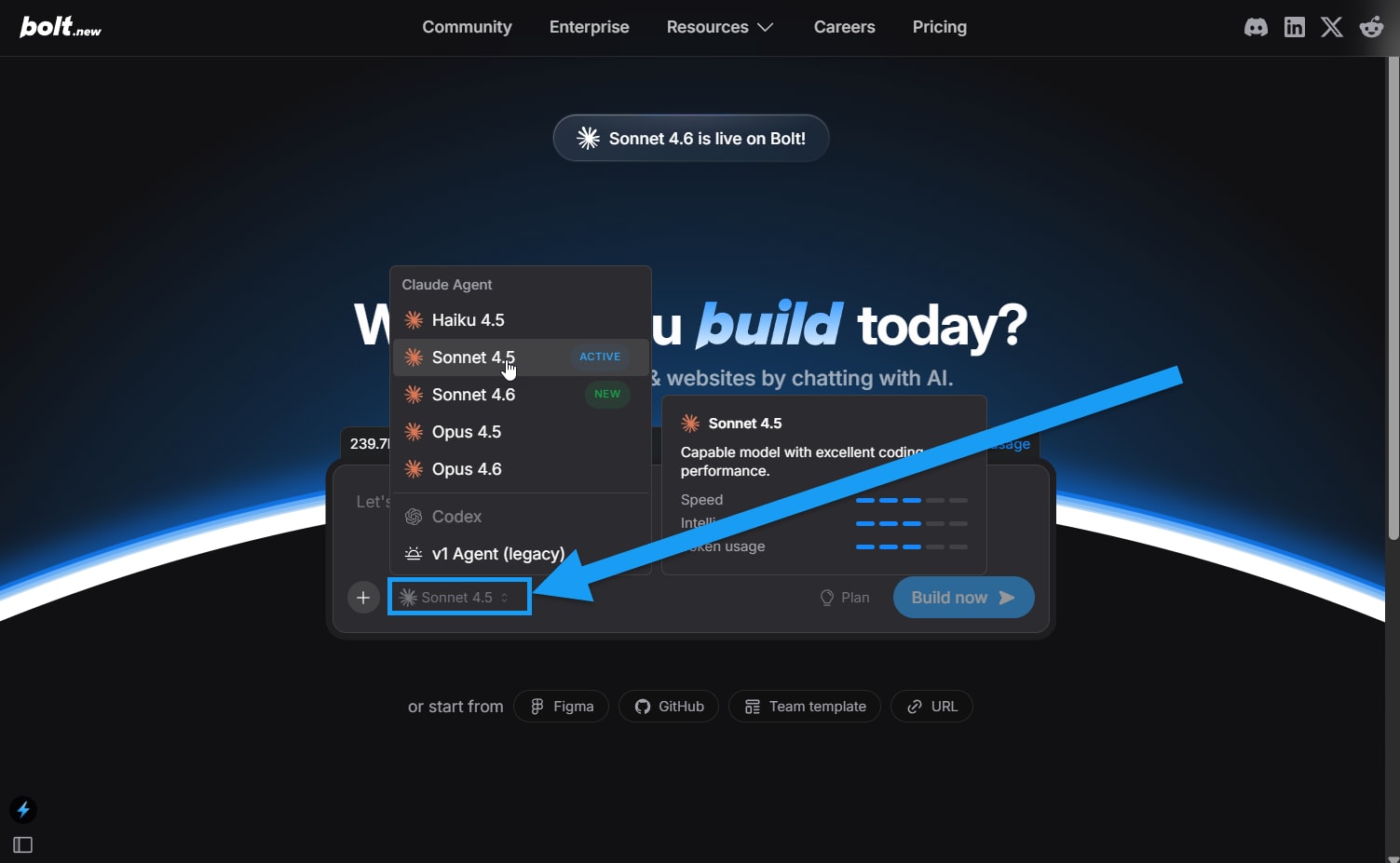 Screenshot of switching agents on homepage in Bolt.