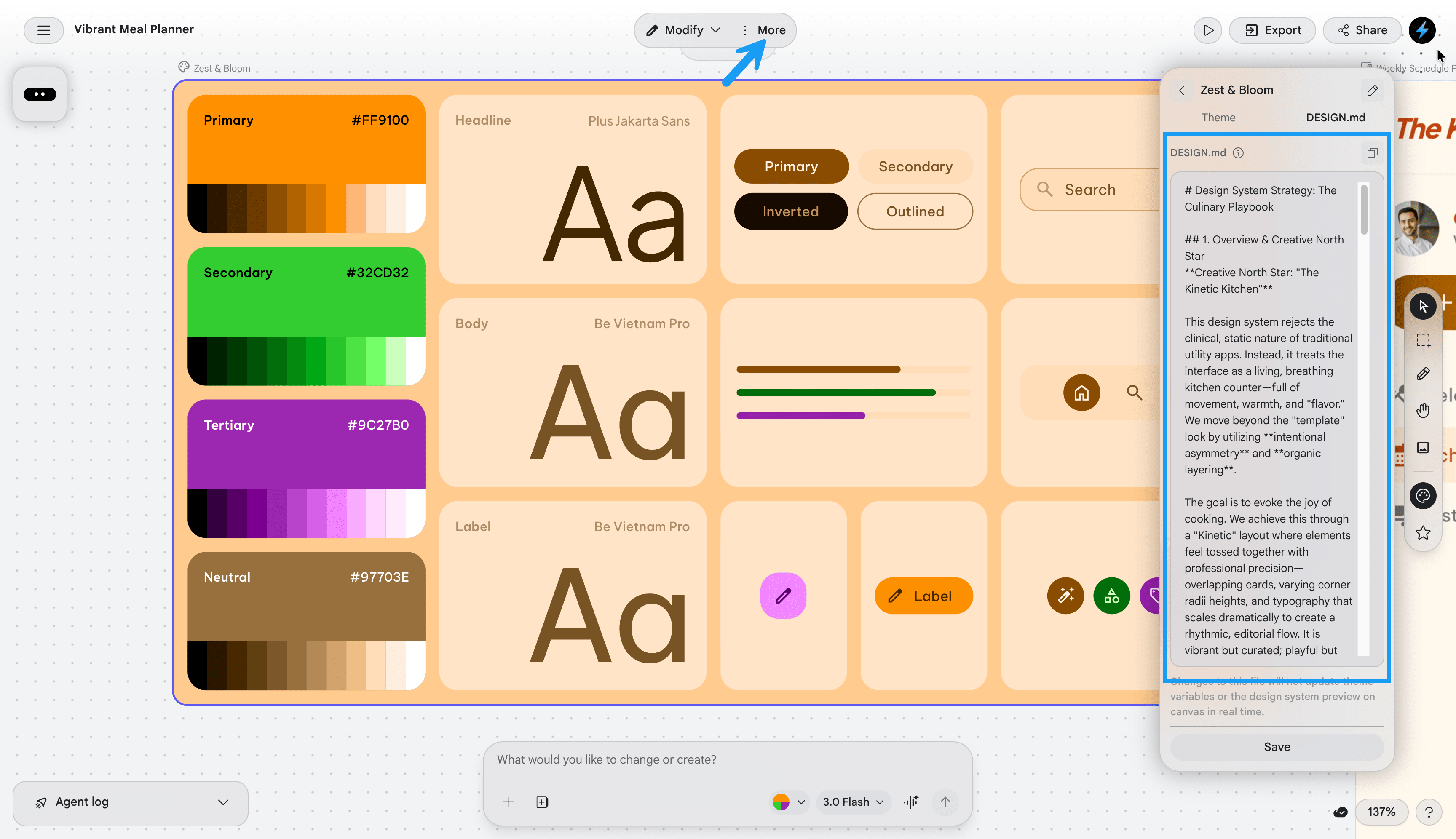 Google Stitch canvas showing a design system and the design system Markdown document.