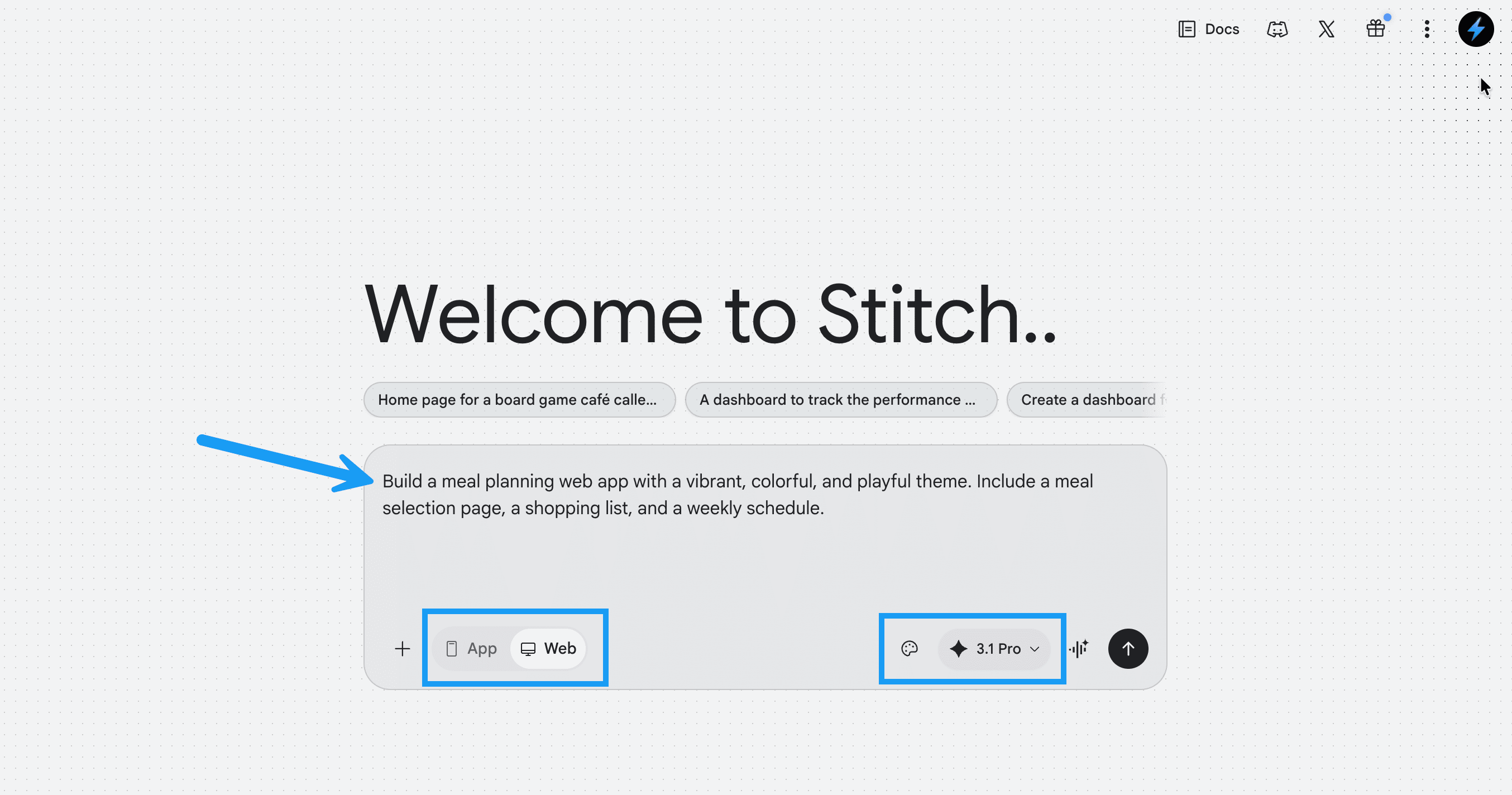 The Google Stitch home page showing a sample prompt highlighting prompt options like app type, design system, and model.