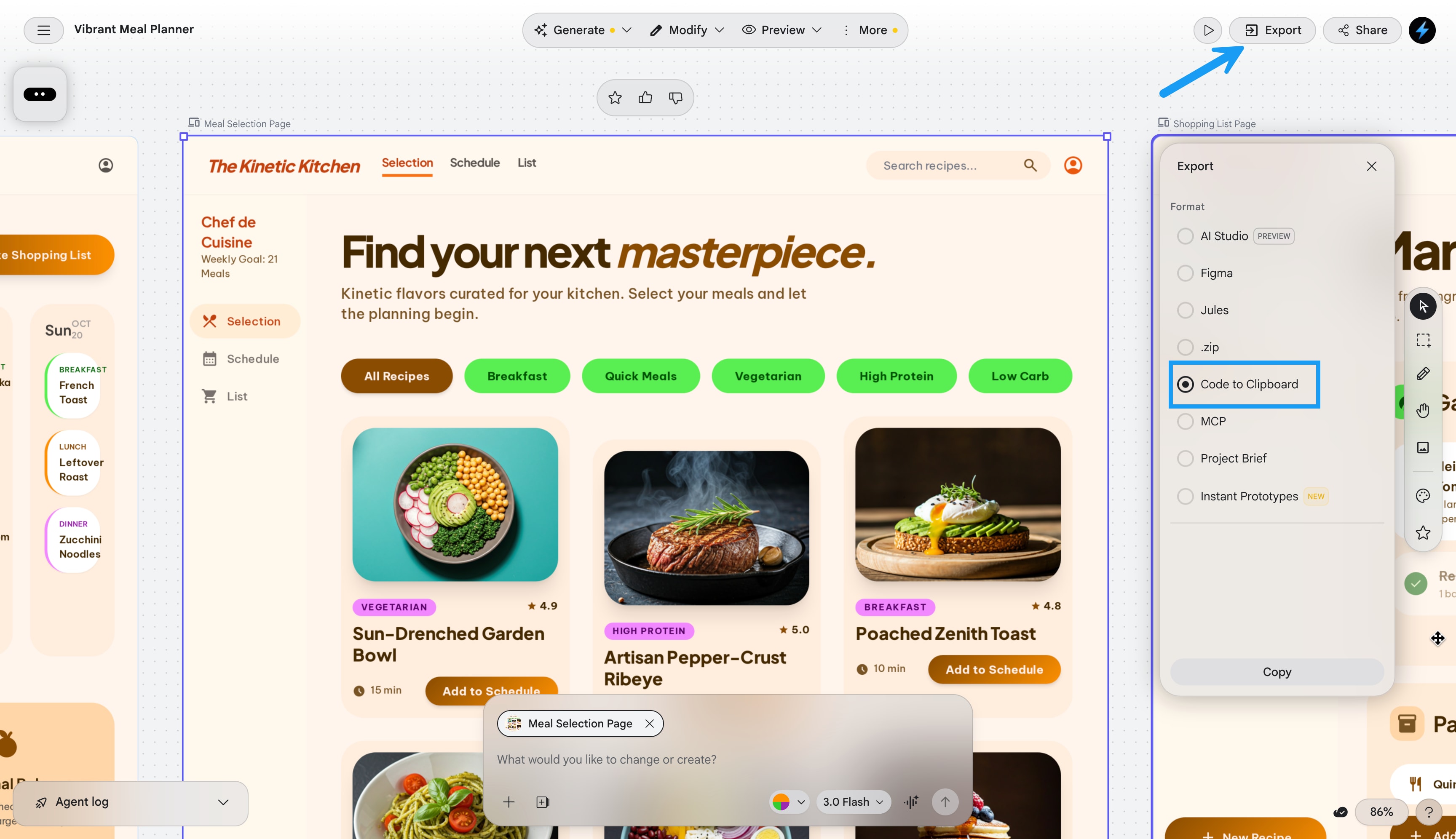 A Google Stitch page showing the Export option and Code to Clipboard option highlighted.