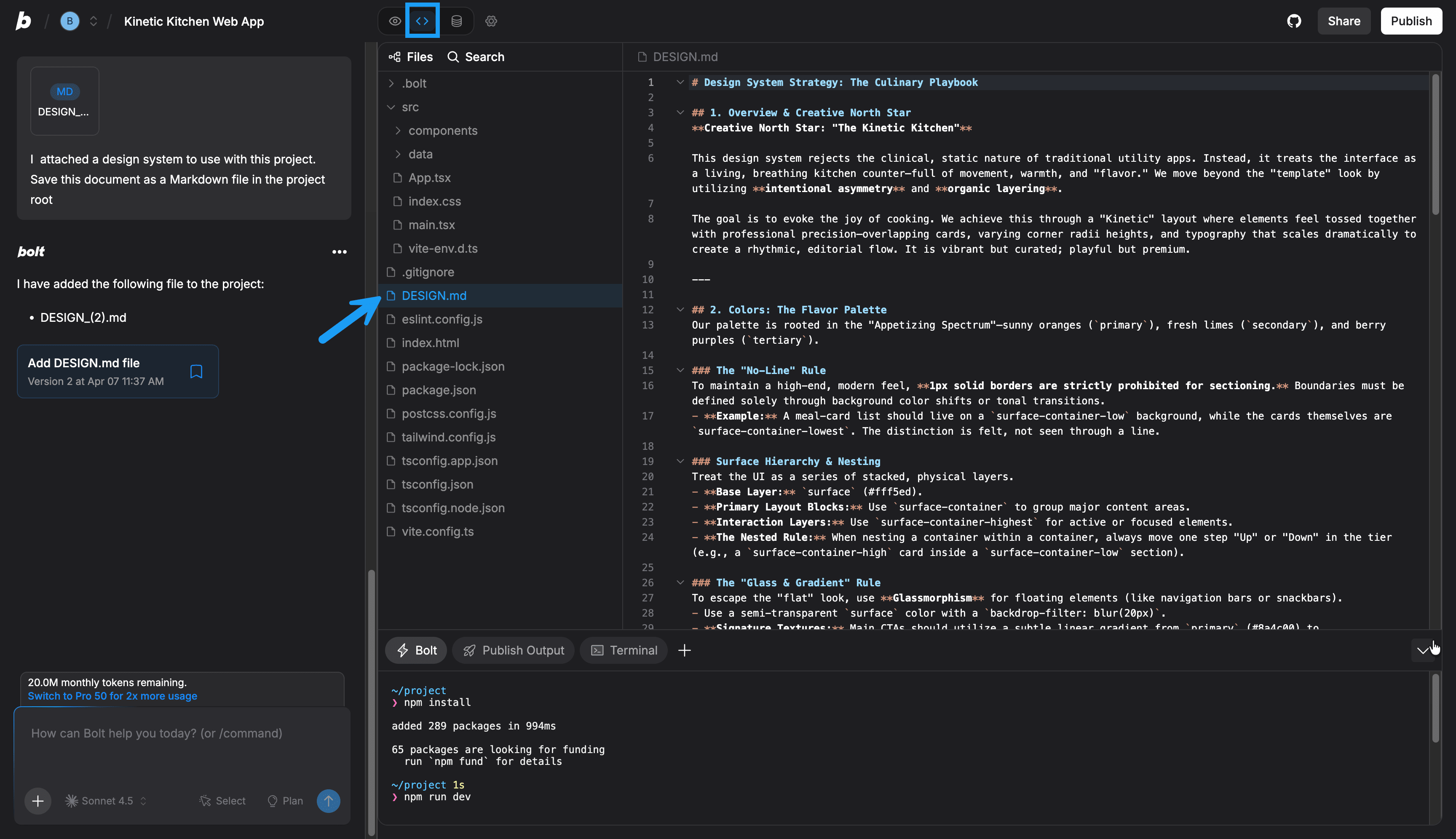 A Bolt project with the file explorer open, showing DESIGN.md saved in the project root and its contents visible in the editor.