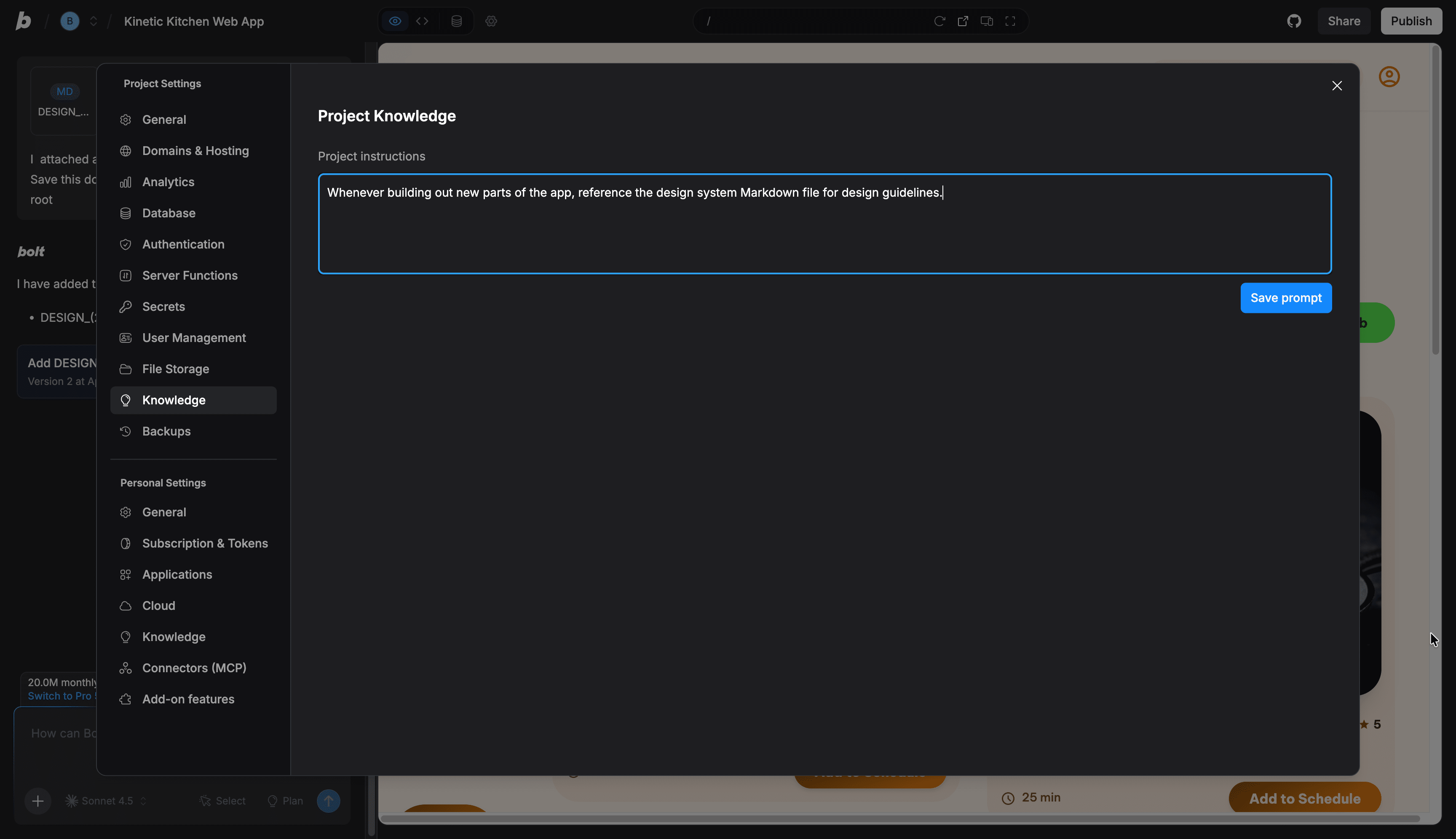 The Project Settings panel open to Knowledge, with a design system rule entered in the Project instructions field.