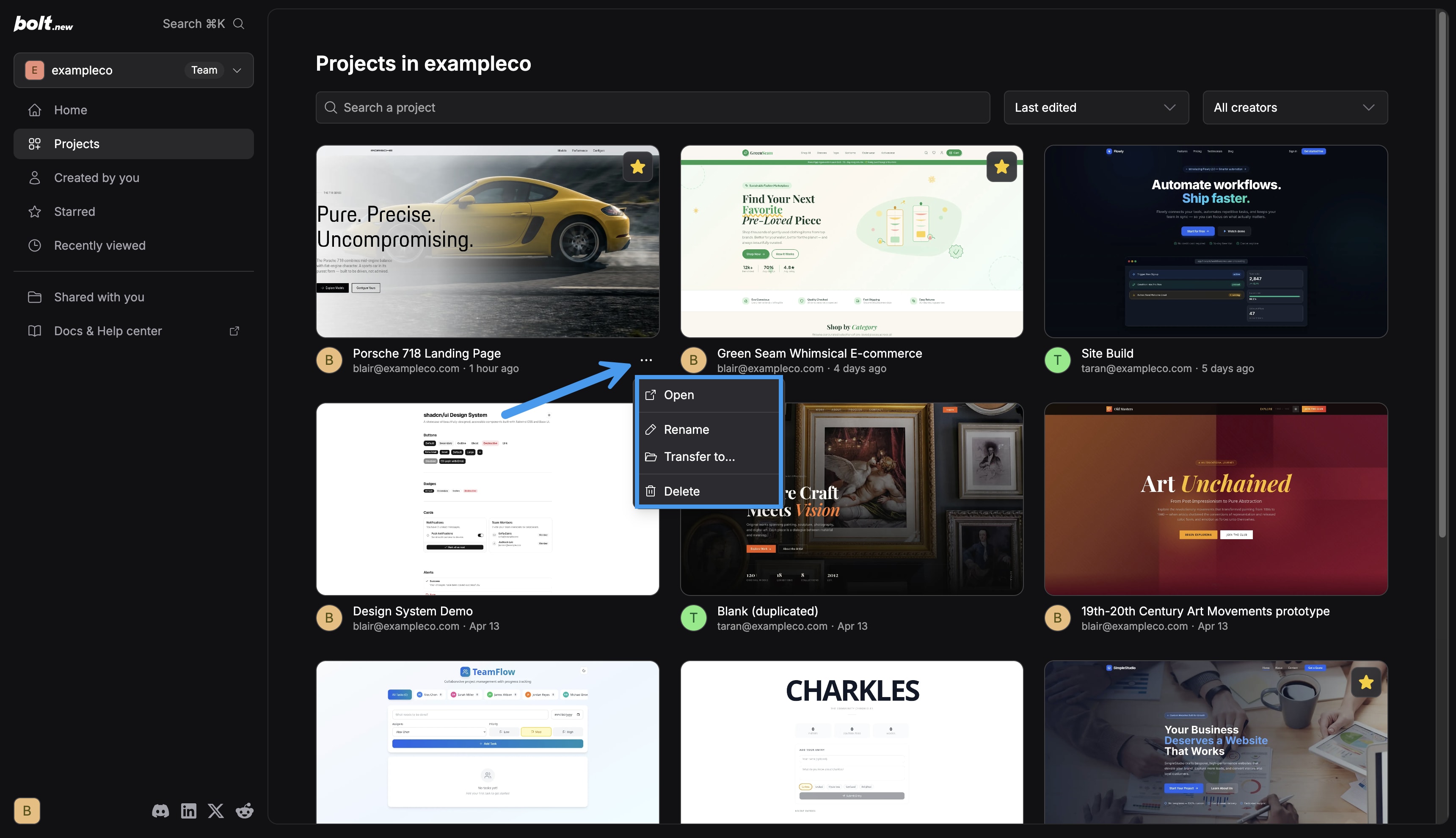 The projects dashboard showing several projects favorited and the context menu open with the open, rename, transfer, and delete options showing.