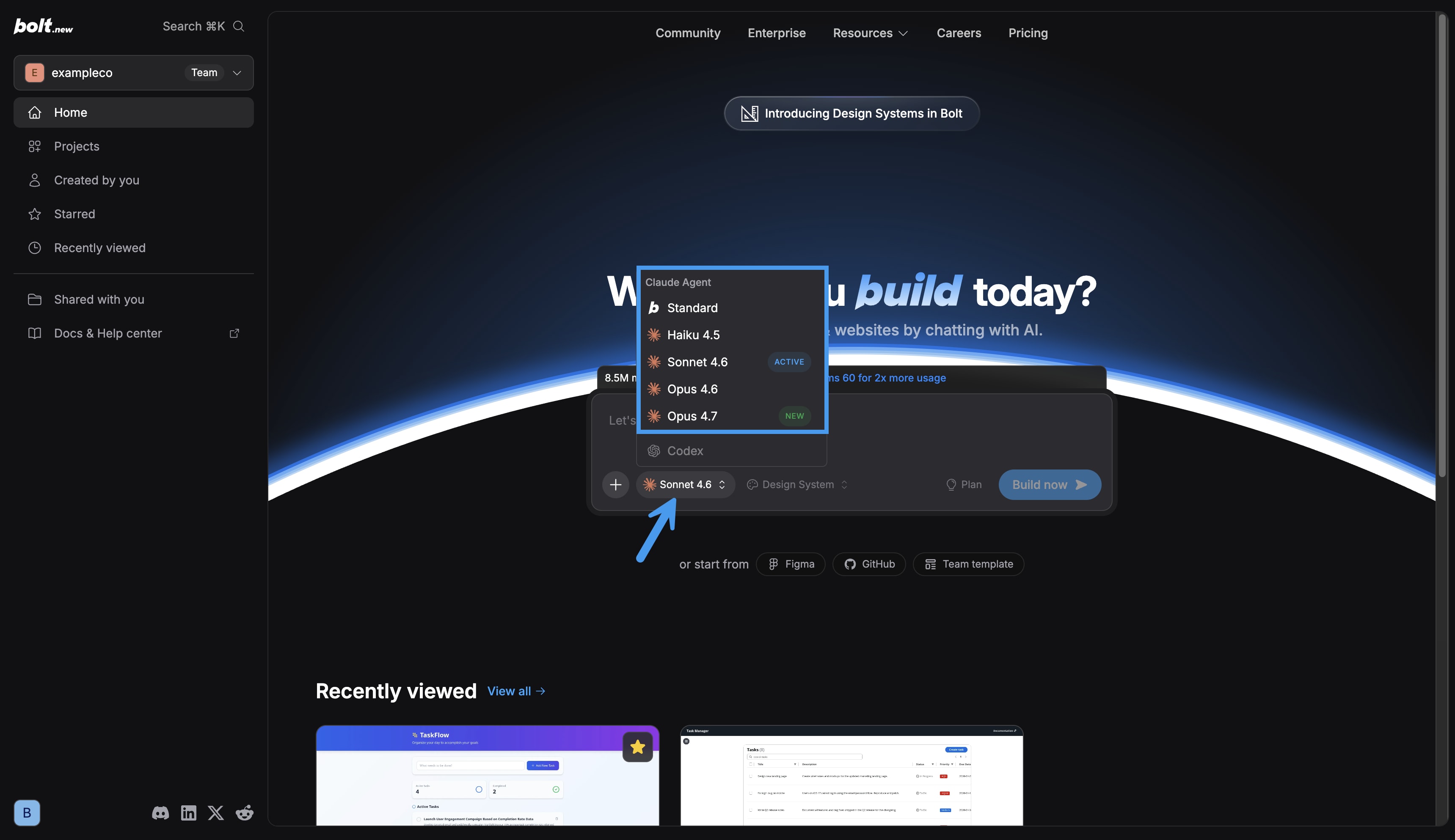 The model selector on the Bolt homepage.