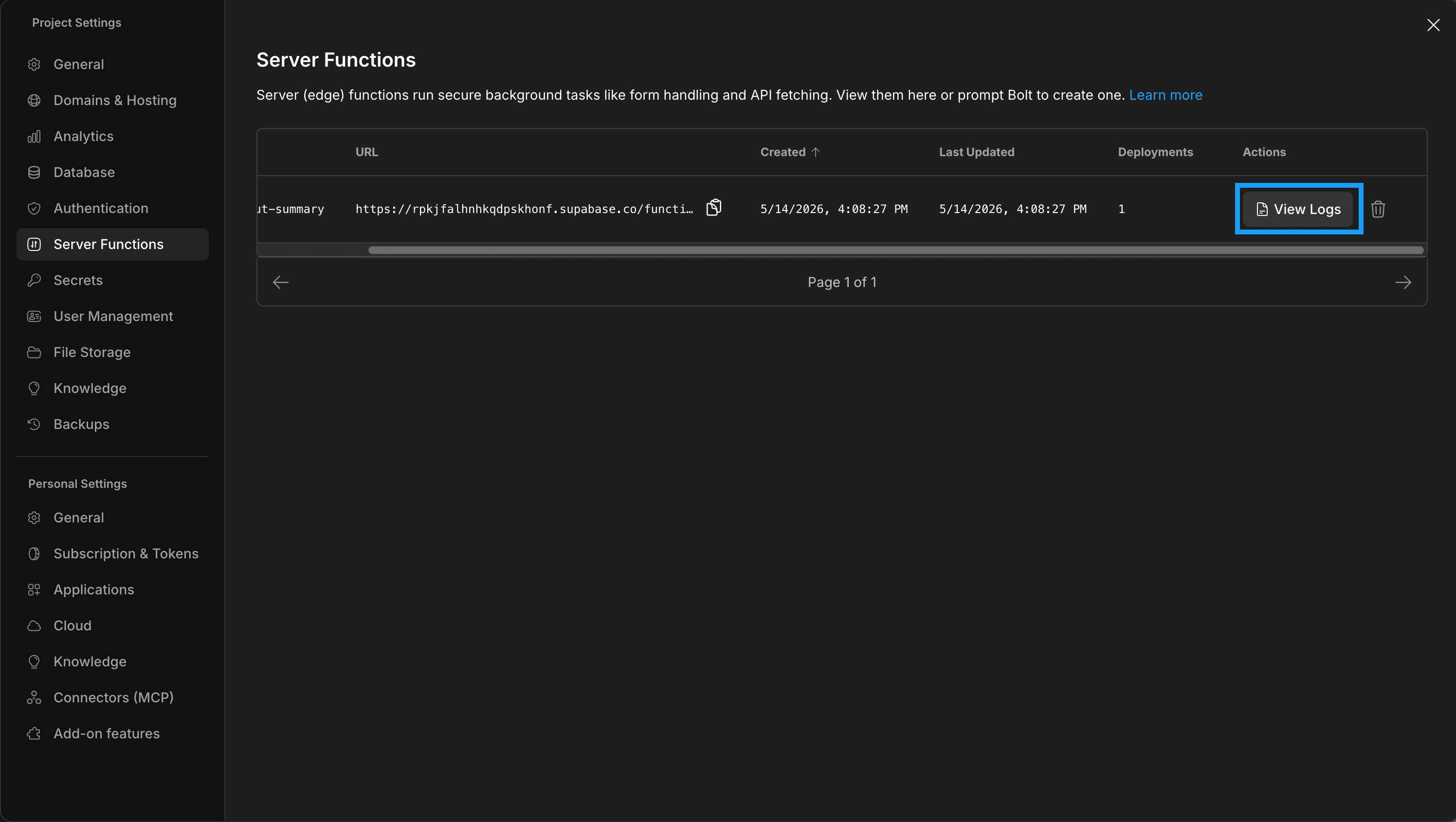 The logs screen in the Server Functions page with a list of log records and a View Logs button.