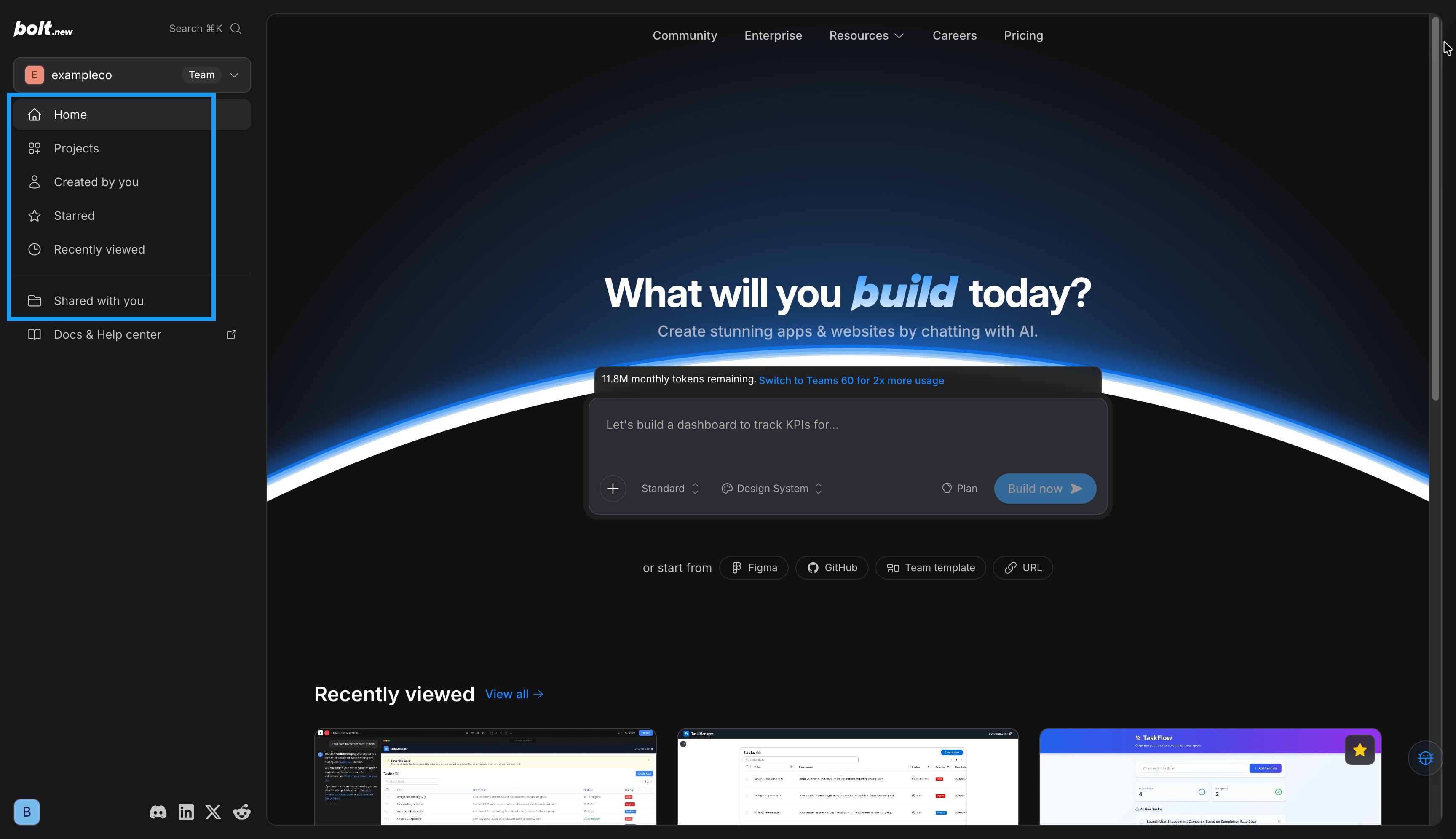 The Bolt homepage with the Projects, Created by you, Starred, Recently viewed, and Shared with you options highlighted