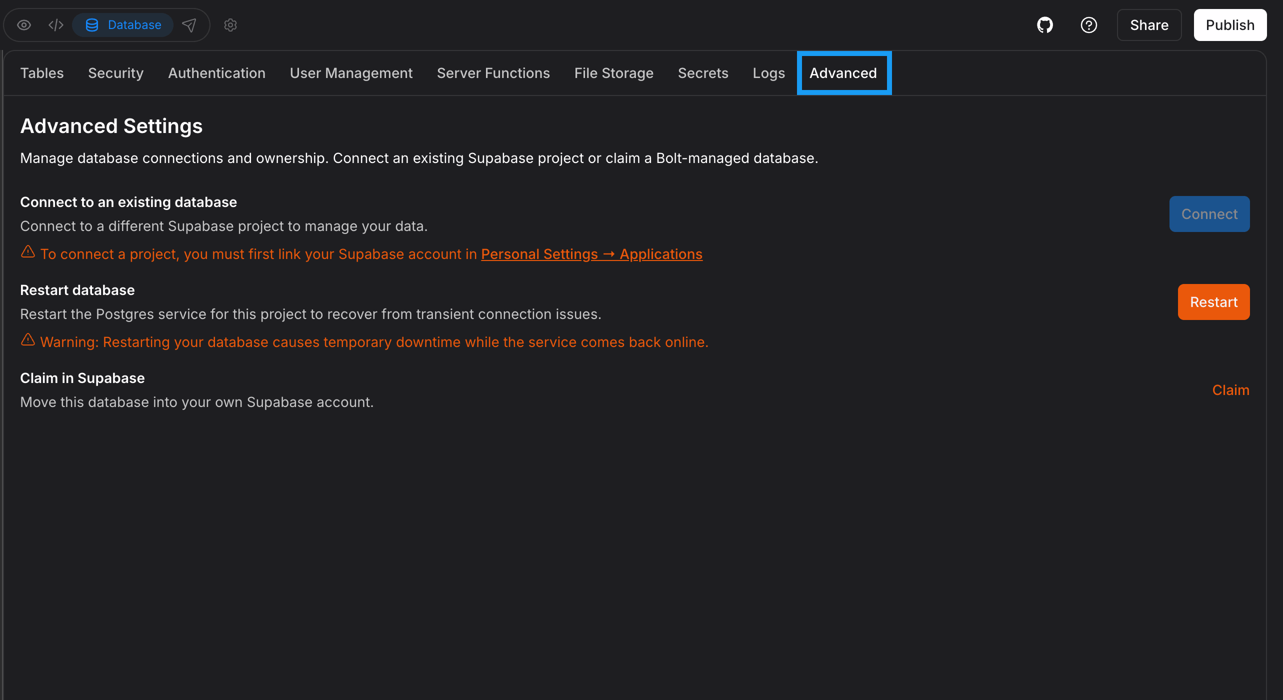 The Advanced database settings in Bolt.