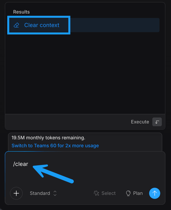 The chatbox with the /clear command showing as input and Clear context available in the menu.
