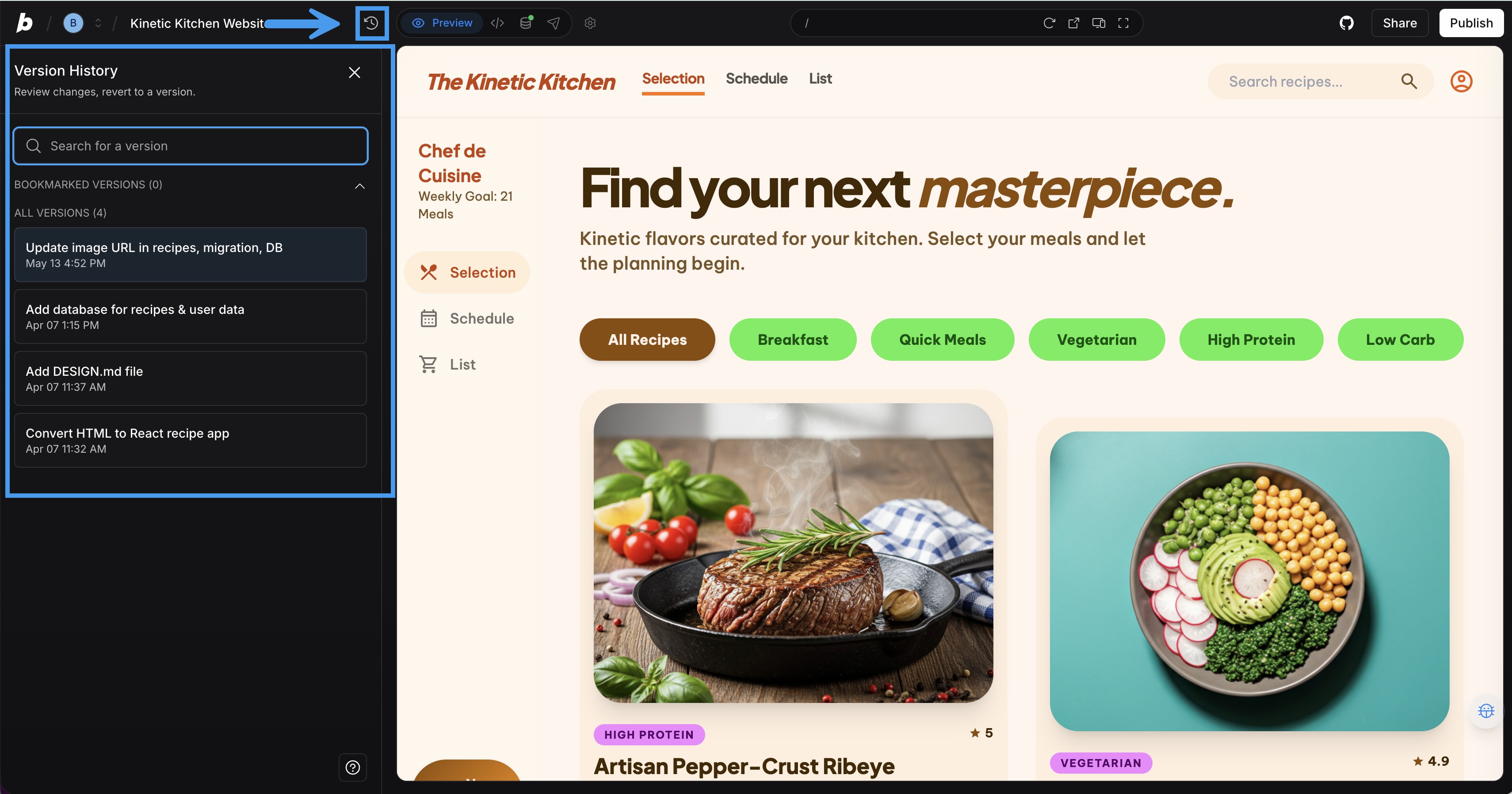 The version history button in Bolt highlighted and the version history panel open.