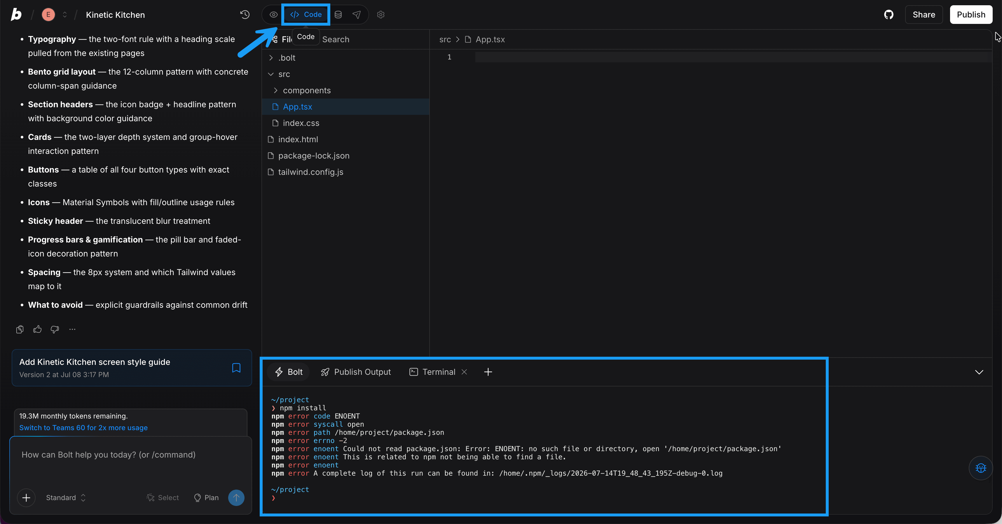 Code view open with an error showing in the Bolt tab of the terminal.