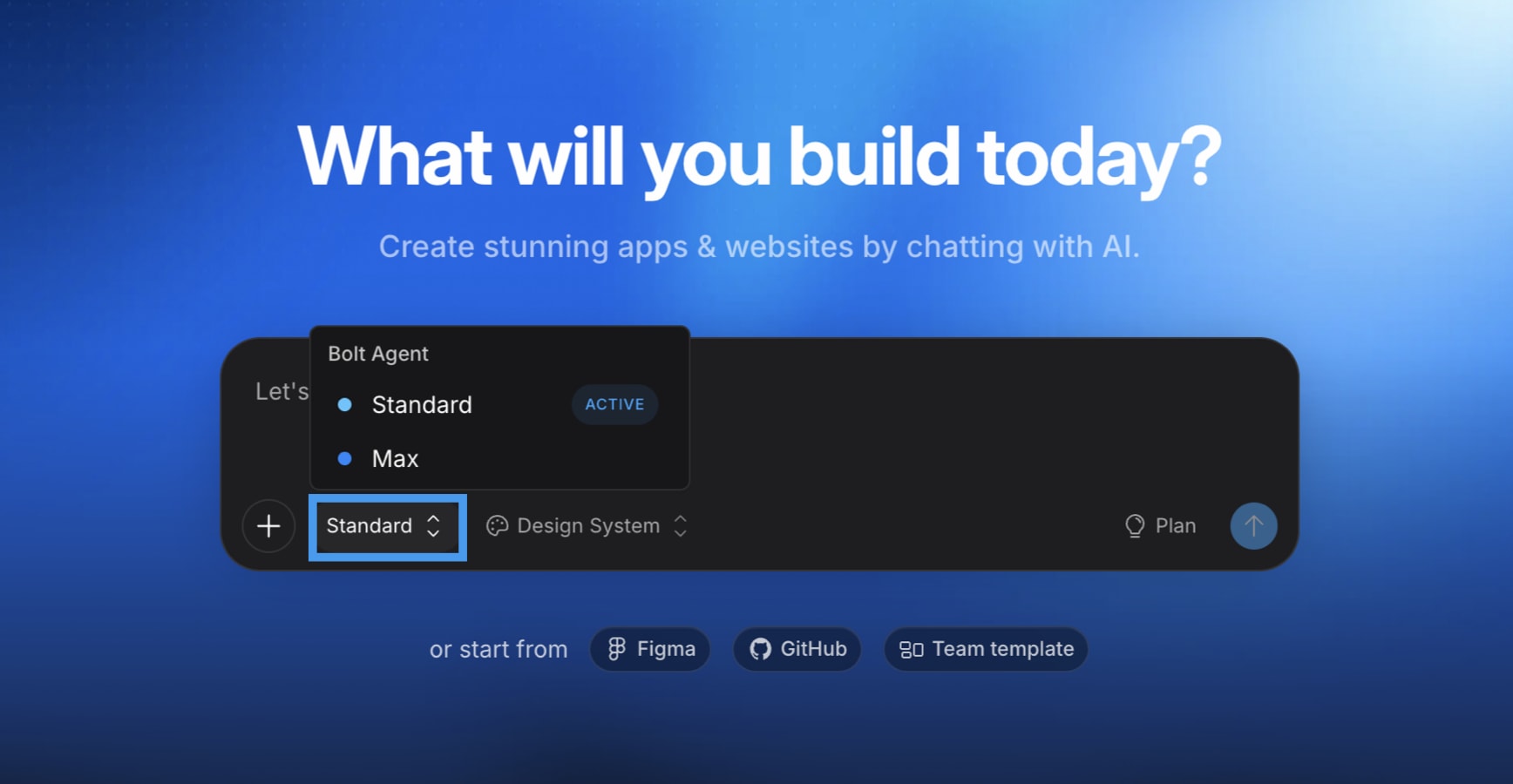 On the Bolt homepage with the agent selection dialog open and showing the Standard and Max agents.