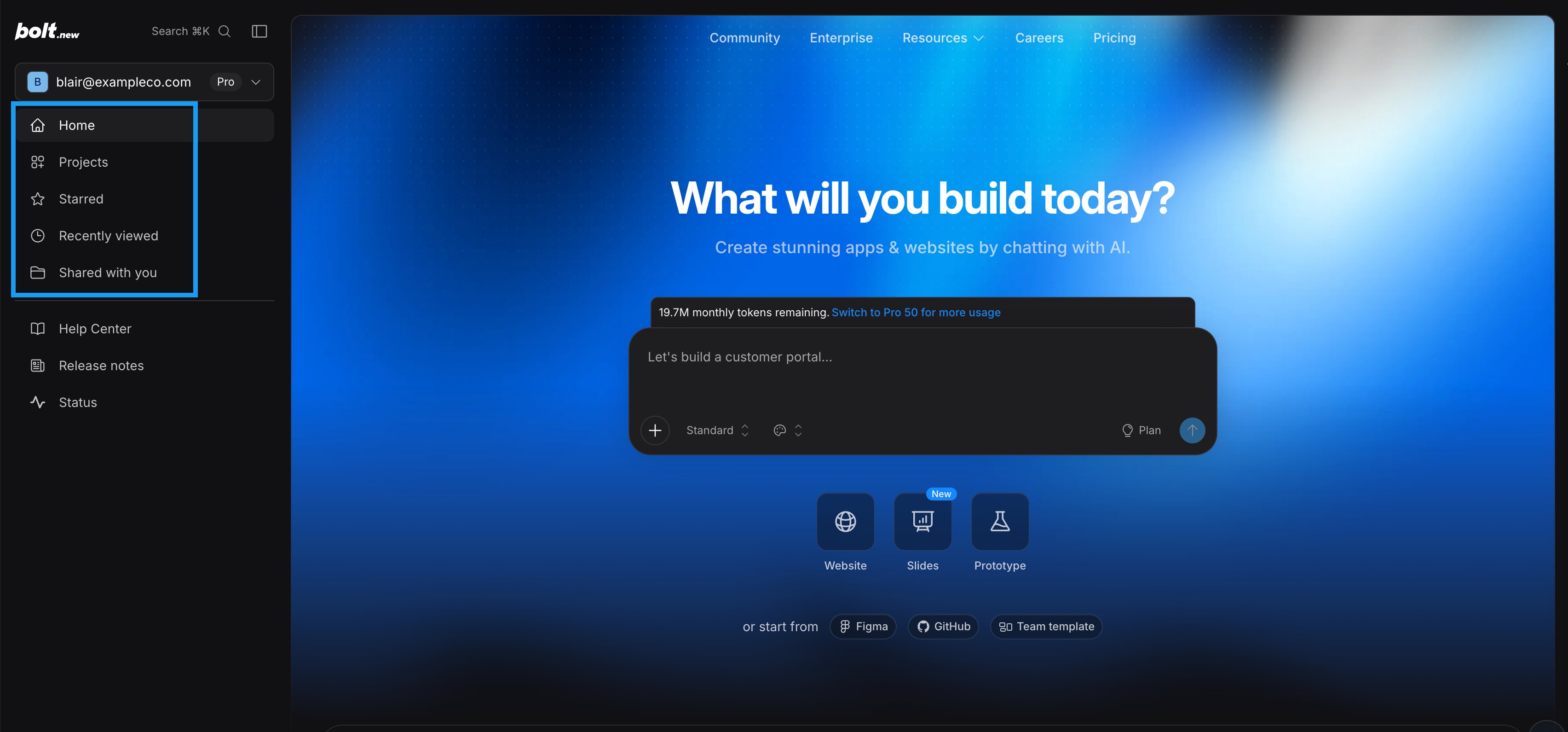 The Bolt homepage with the Projects, Created by you, Starred, Recently viewed, and Shared with you options highlighted