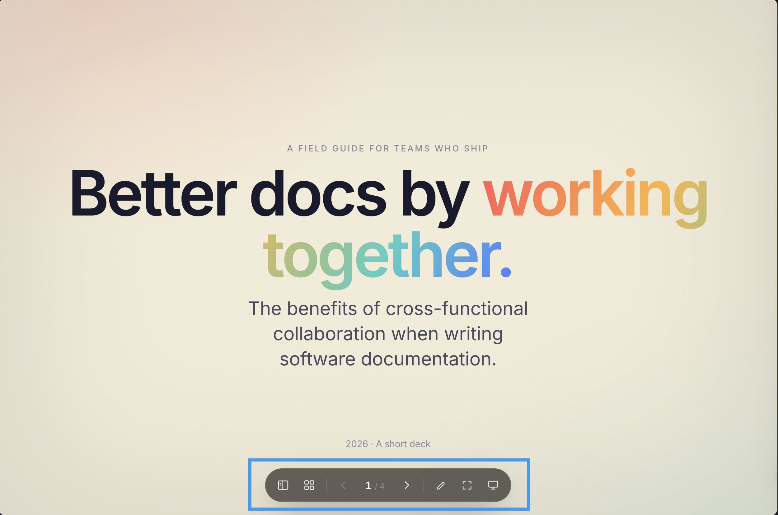 A Bolt slide with the title Better docs by working together and the presentation control panel highlighted with sidebar, grid, previous, next, fullscreen, annotate and presenter icons.
