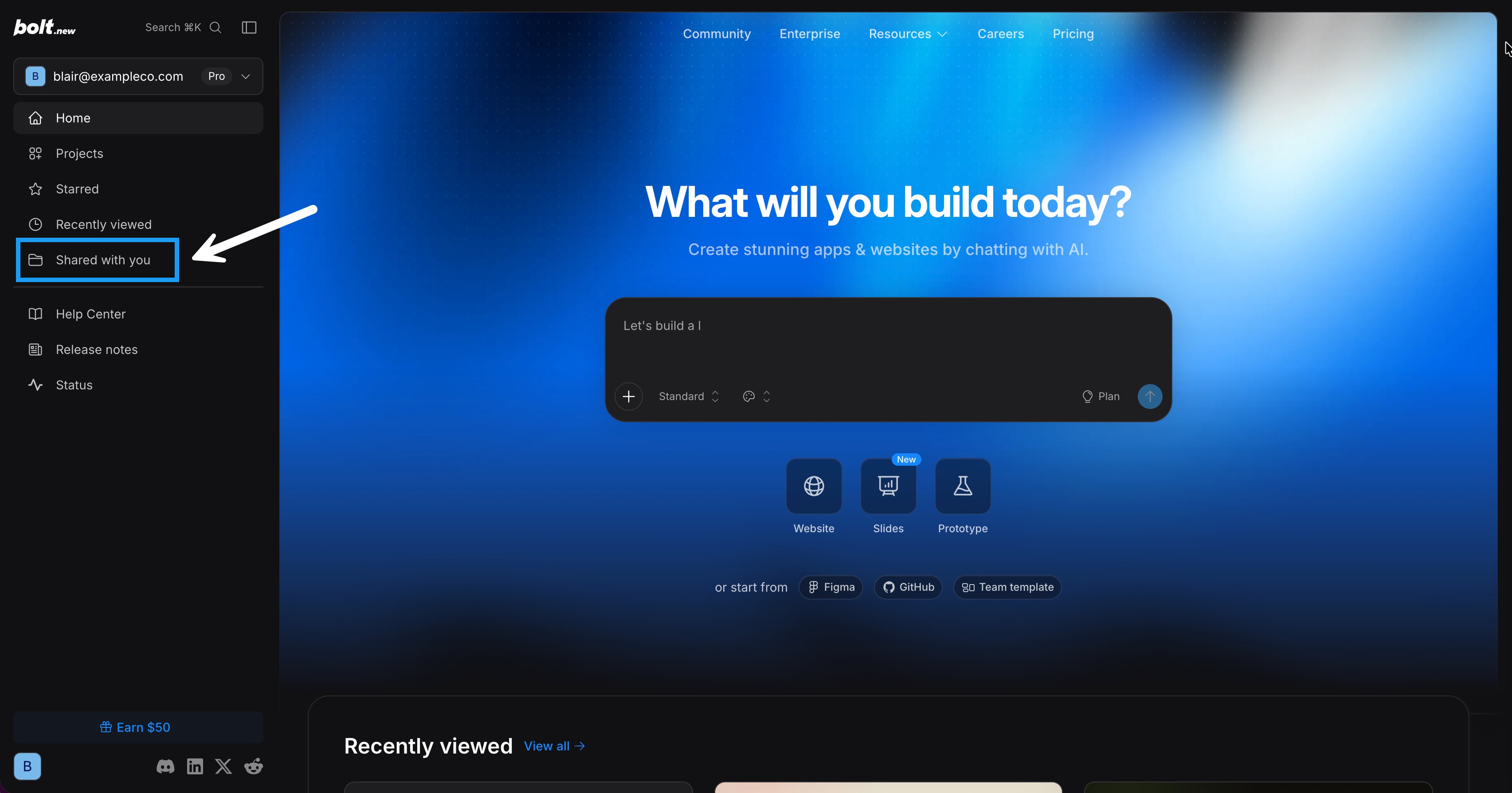 Bolt homepage with Shared with you highlighted in the left navigation.