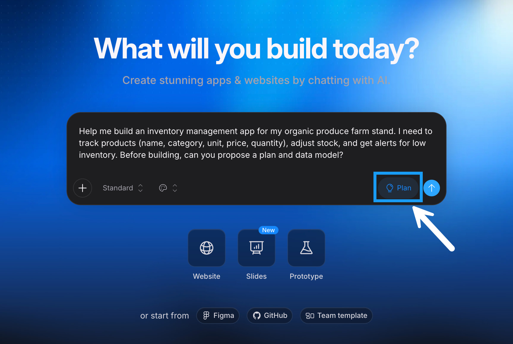 The Bolt homepage with a prompt entered in the chatbox and the Plan mode button activated and showing blue text.