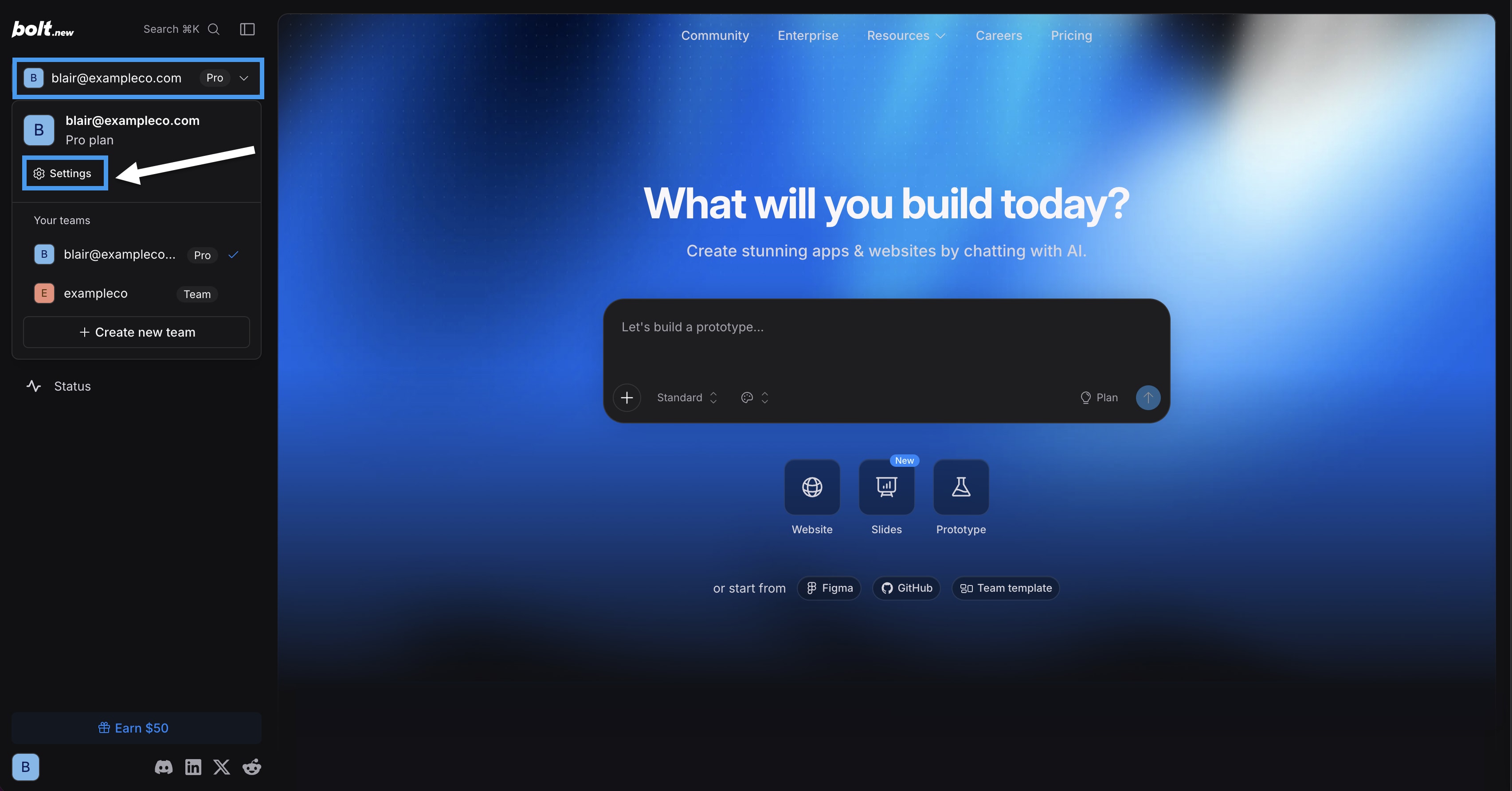The Bolt homepage with the account selection menu expanded and the Settings button highlighted.