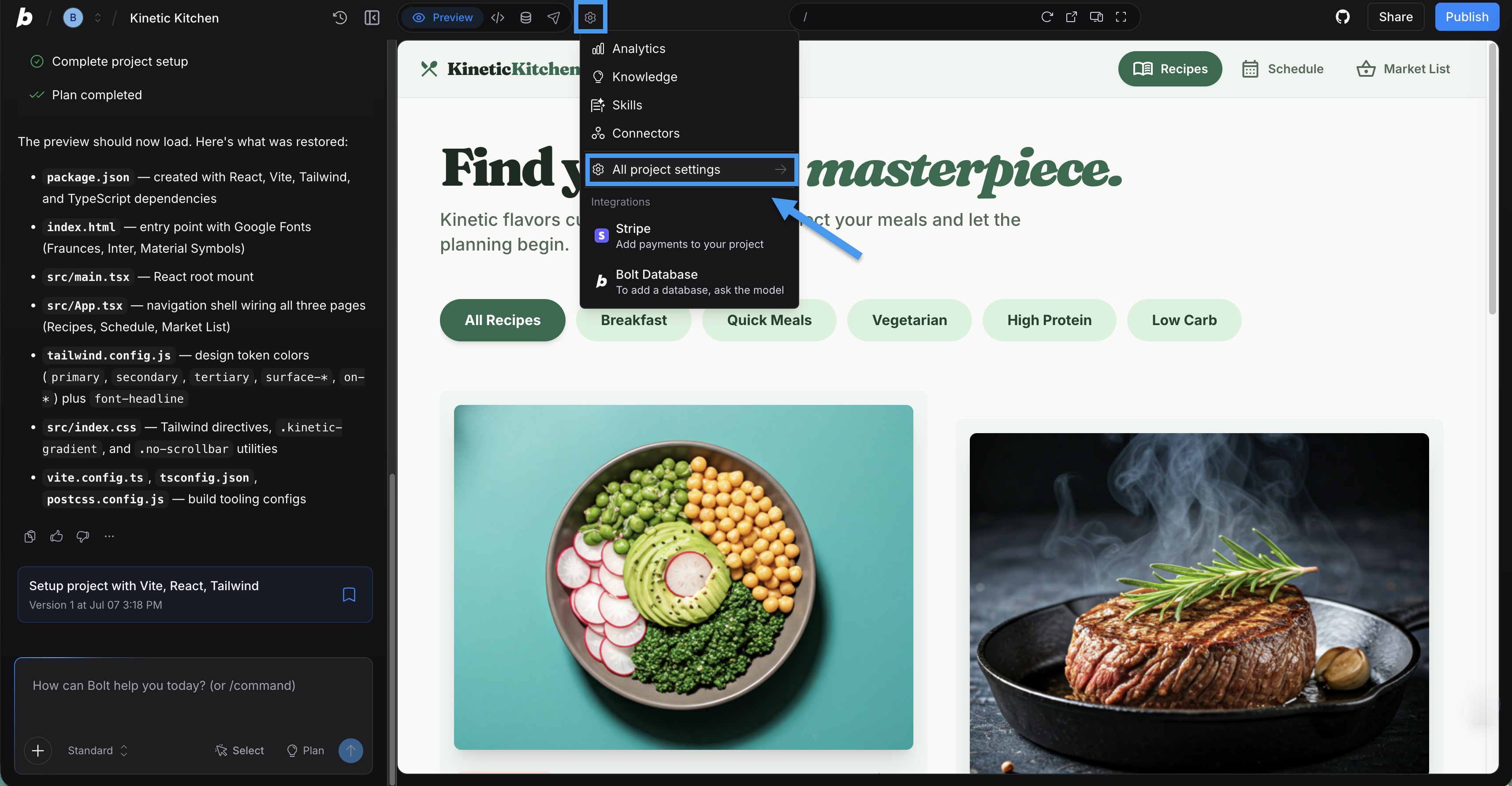 In a Bolt project, with the gear icon highlighted in the top navigation and All project settings selected in the project options menu.