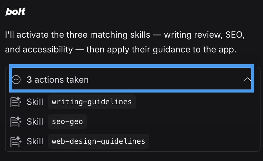 An expanded actions taken panel in the Bolt chat listing three invoked skills: writing-guidelines, seo-geo, and web-design-guidelines.