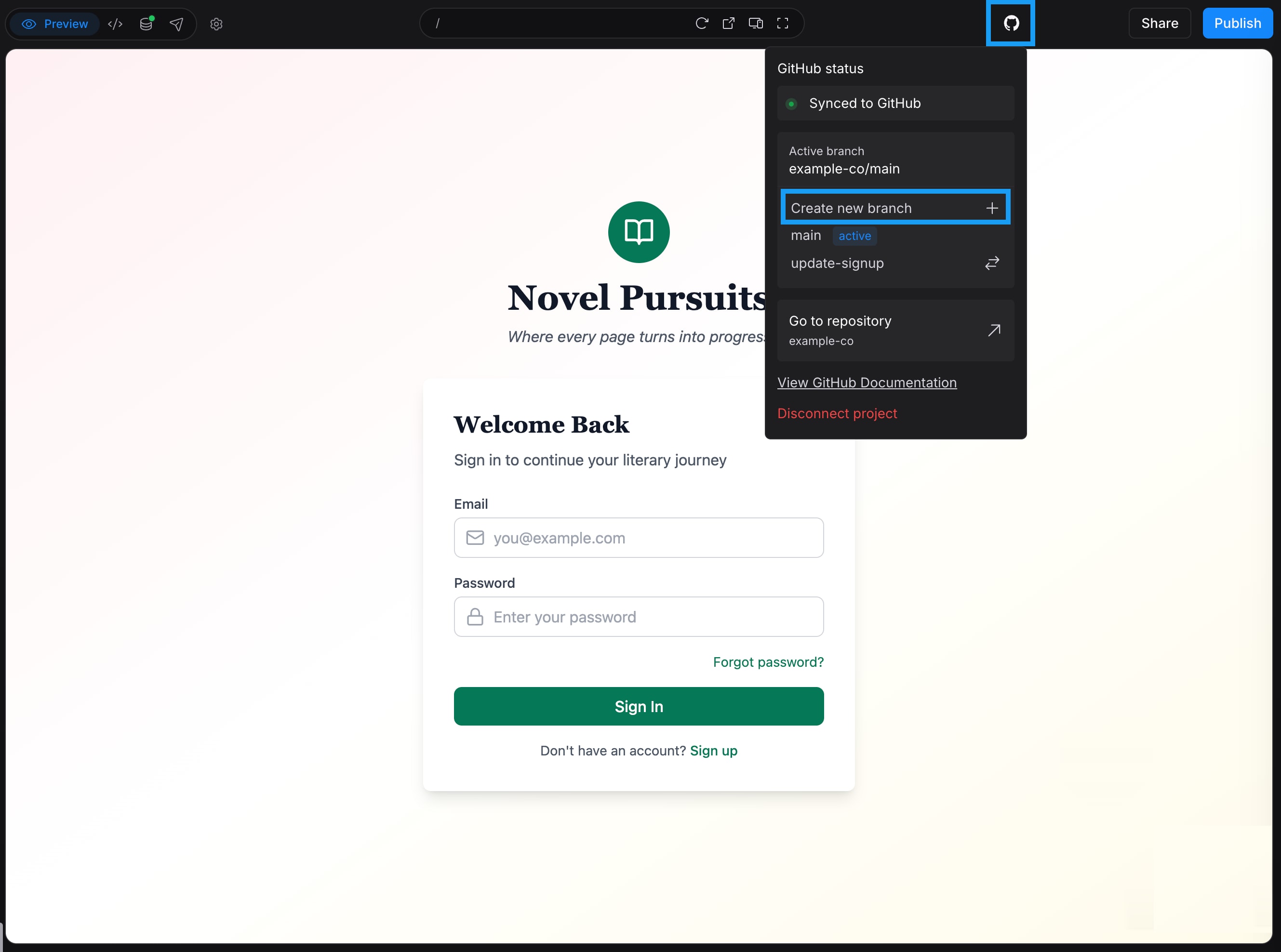 The Bolt preview panel with the GitHub icon highlighted in the top menu, and the GitHub menu highlighting Create branch.