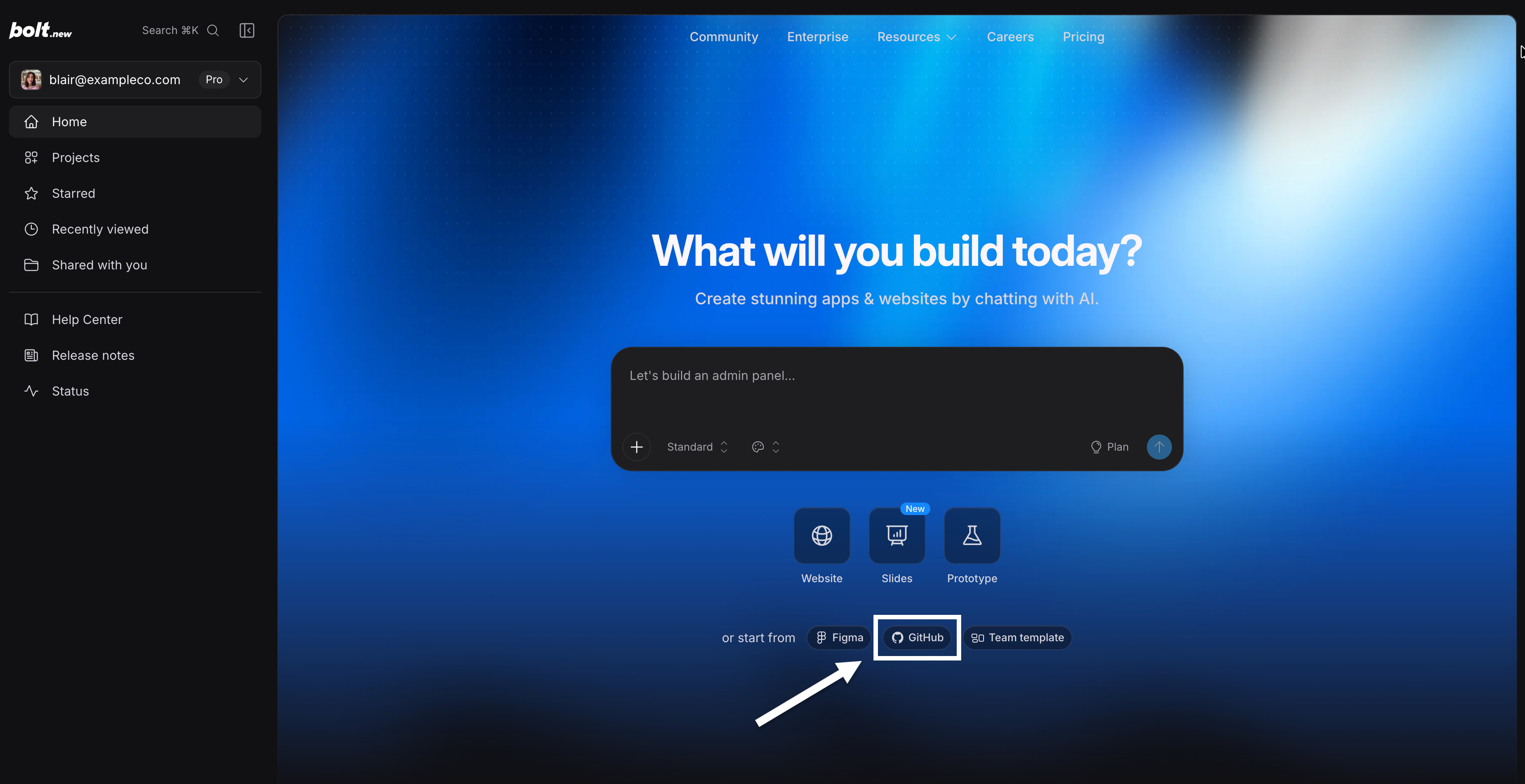 The Bolt homepage with the GitHub icon highlighted below the chatbox.