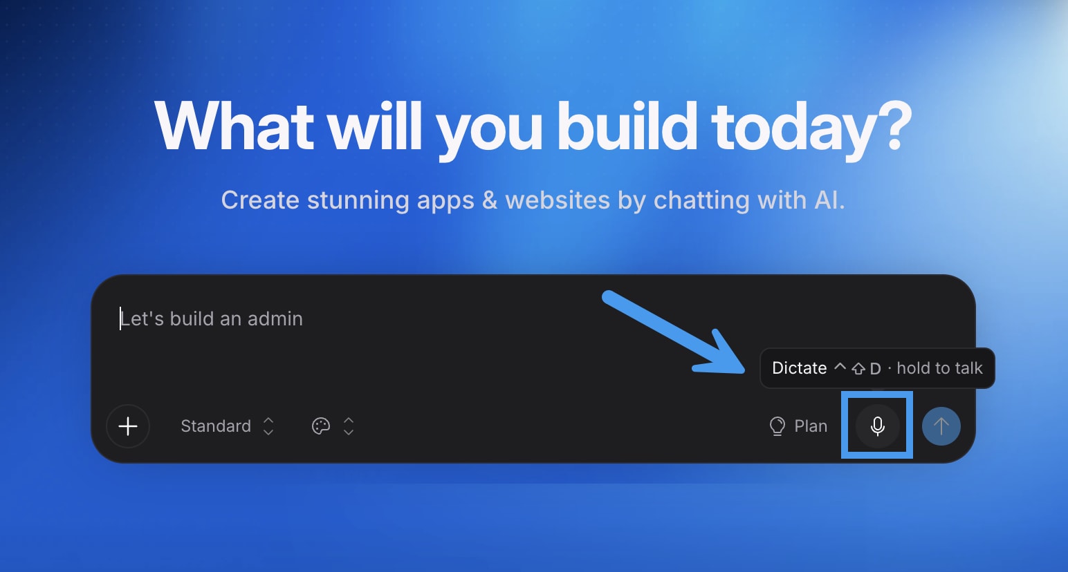 The Bolt chatbox with the microphone icon highlighted and the visible tooltip text that says Dictate with the CTRL+SHIFT+D symbols and hold to talk.