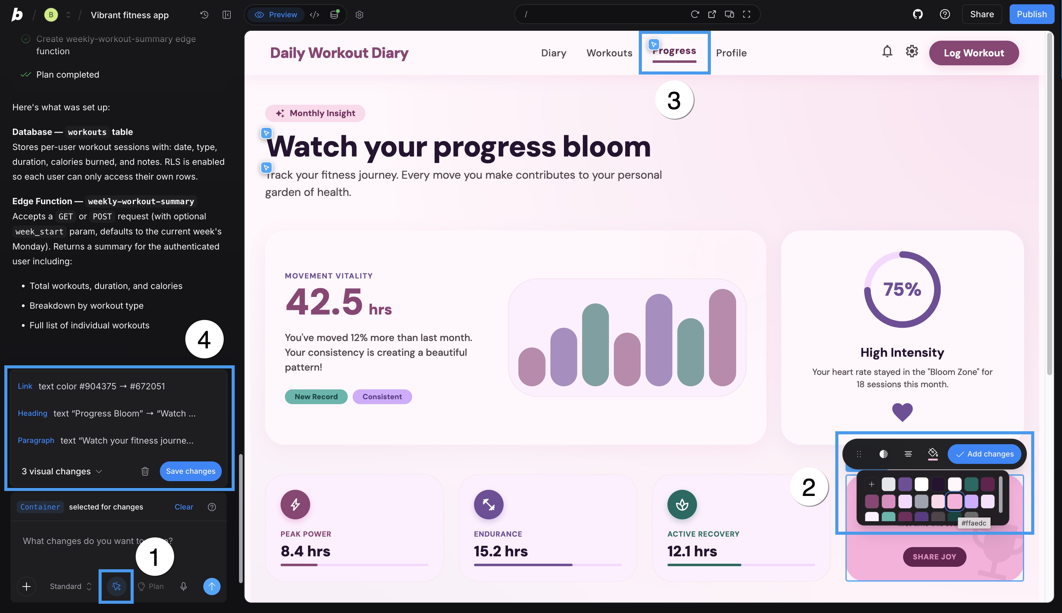 A Bolt project with the Select tool active, showing the visual edit toolbar, pending-edit markers in the preview, and a batch of changes above the chatbox.