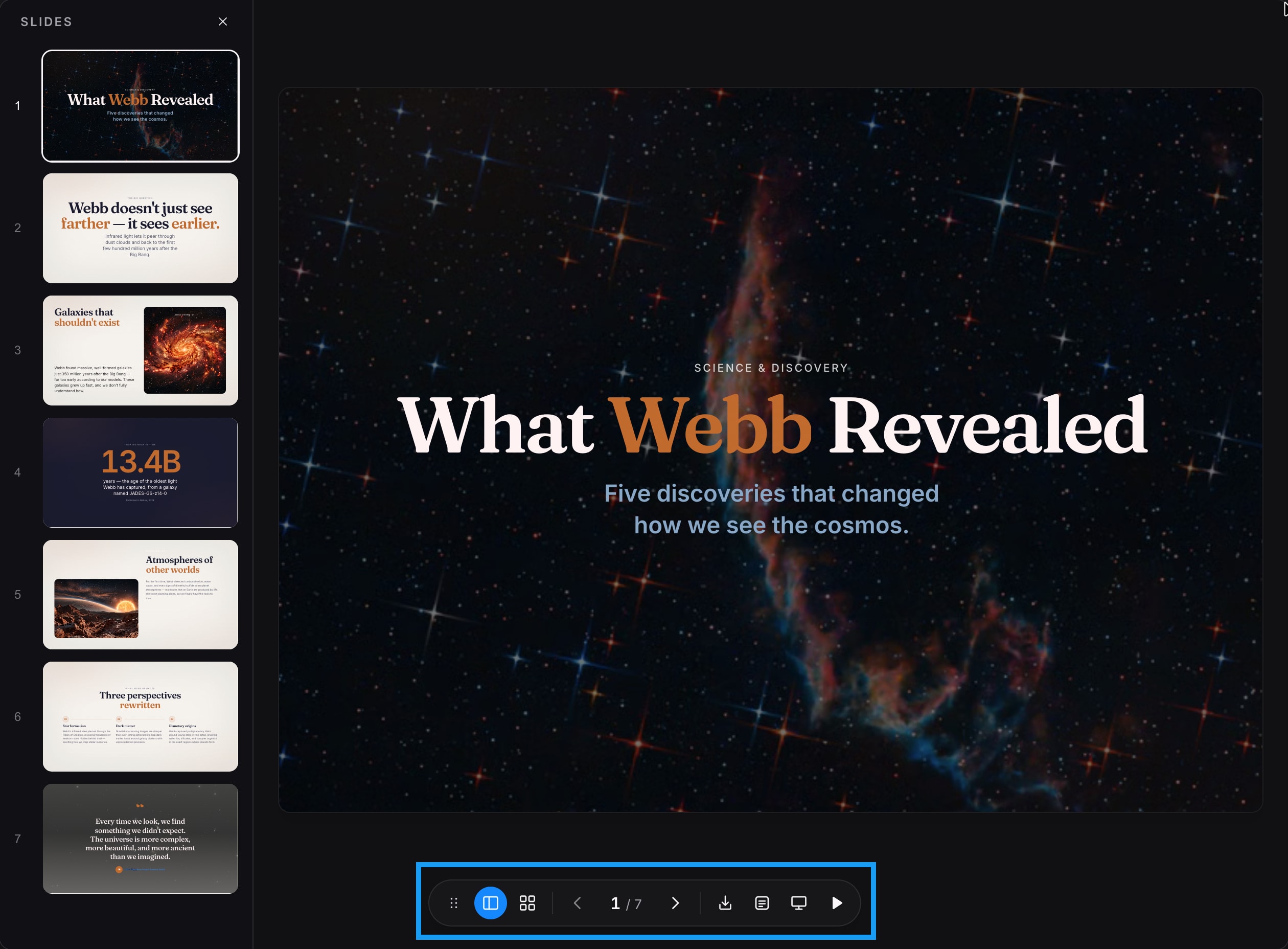 The Bolt Slides editor with the side panel open showing slide thumbnails, and the bottom toolbar highlighted with icons for the side panel, grid overview, previous and next, download, speaker notes, and present.